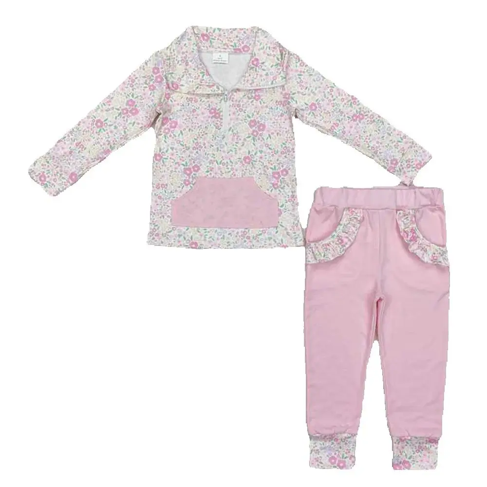 

GLP2118 RTS toddler girl clothes floral girl winter set pink floral zipper outfit