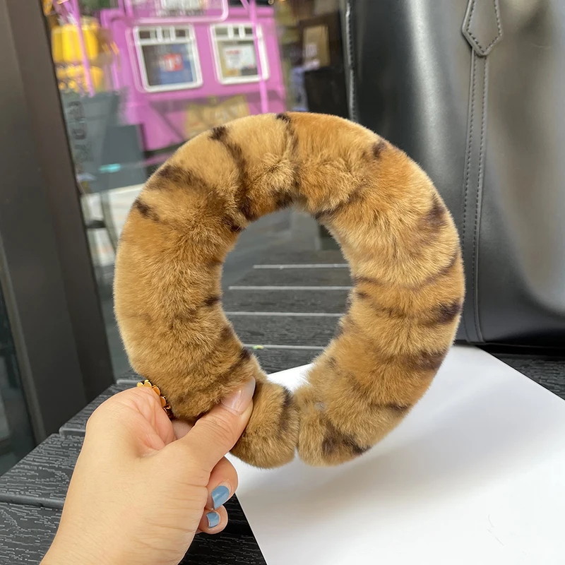 

Natural Rex Rabbit Fur Headband Soft Plush Hair Band Hair Hoop Fashion Leopard Hairband Wide-Brimmed Headwear Hair Accessories