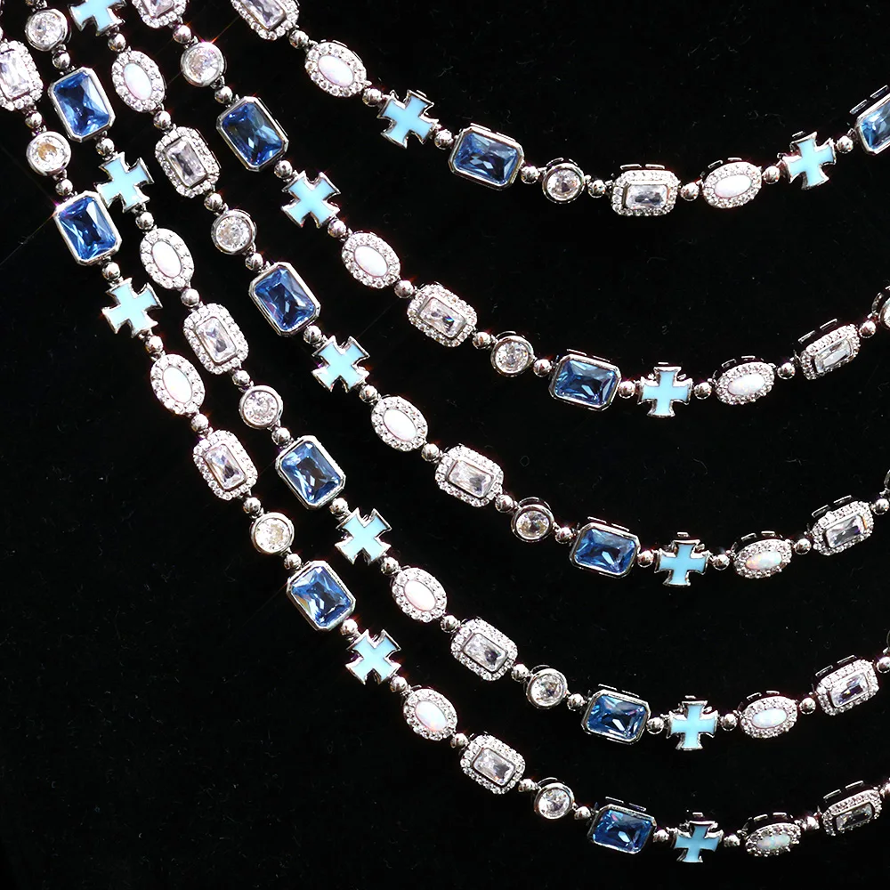 Ladies' Blue Gemstone Necklace Drip Oil Cross Pendant Ice CZ Stone Opal Series Necklace Fashion Hip Hop Jewelry