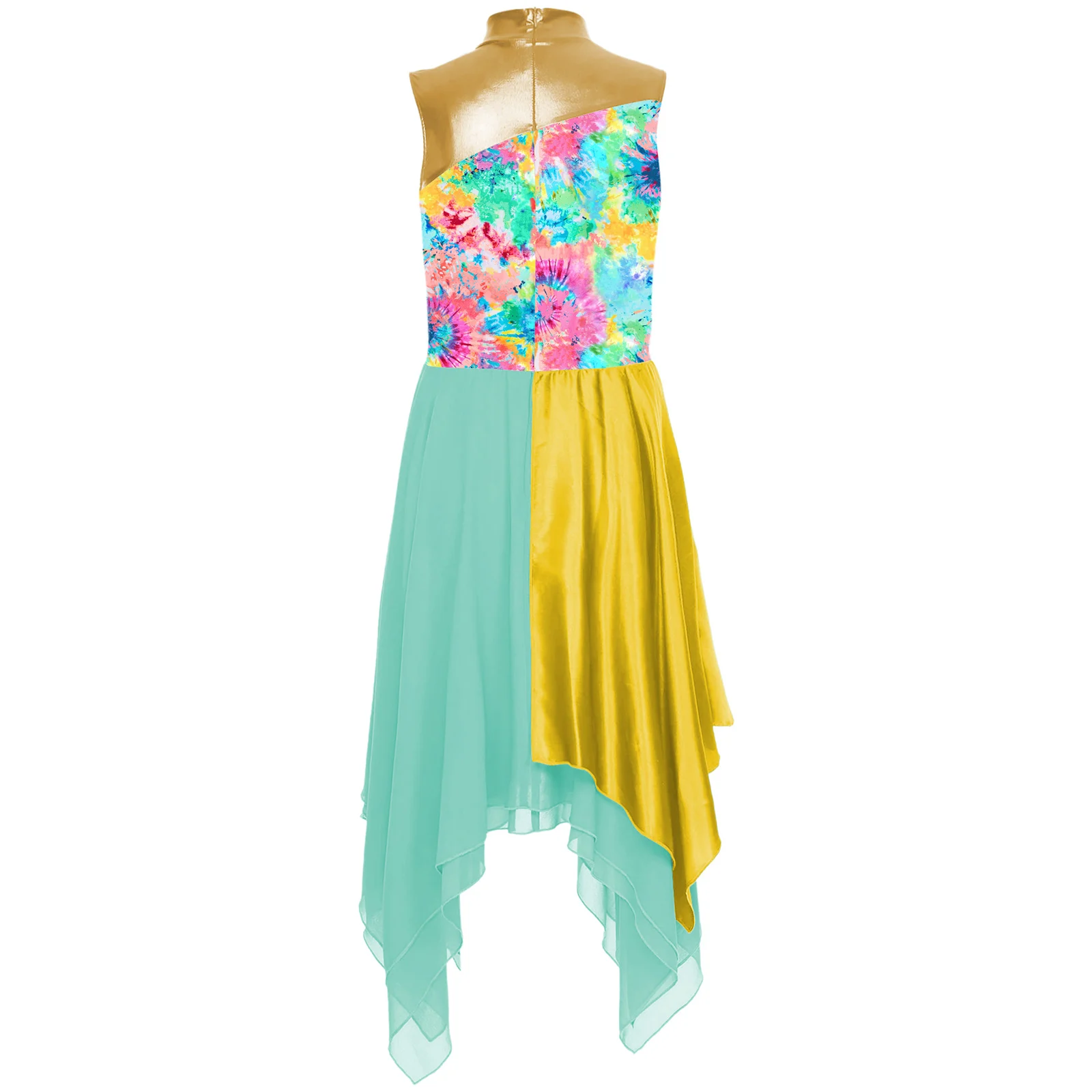 Womens Worship Praise Lyrical Dance Dress Sleeveless Print Patchwork Color Block Chiffon Hem Dress Modern Church Dancewear