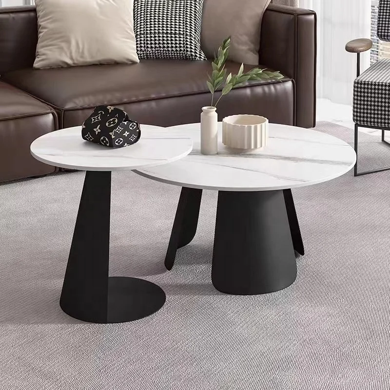 custom.2023 Hot Selling Italian Style Round Glass Add Ceramic Coffee Table Sets Black Simple Metal Frame Beautiful Design Table
