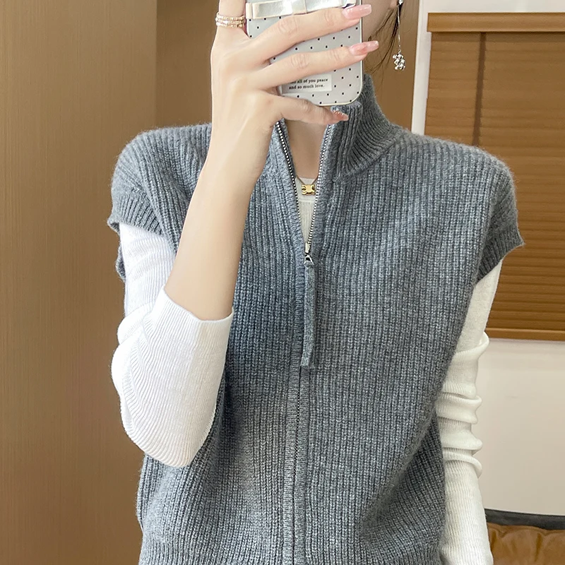 

Autumn Winter Women Turtleneck Solid Color 100% Merino Wool Vest Cardigan Cashmere Layering Comfort Soft Casual Clothing Top
