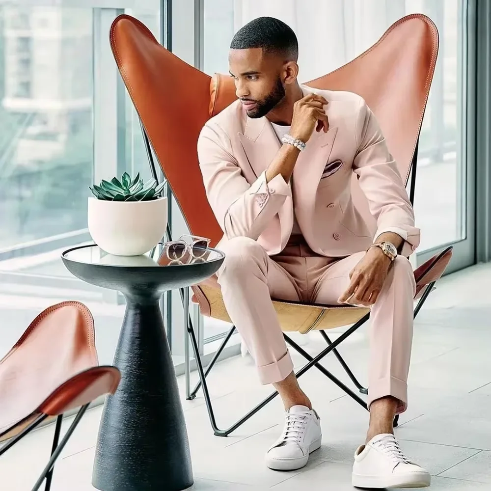 Ternos masculinos rosa, 2 peças (jaqueta + calça), moda cavalheiro, alta qualidade, lapela de pico, conjunto de blazer duplo, elegante, terno masculino