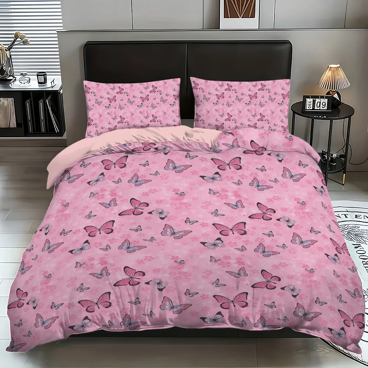 Juego de cama sin núcleo con estampado de mariposas rosas de 3 piezas, suave y cómodo, adecuado para varios tamaños de dormitorios