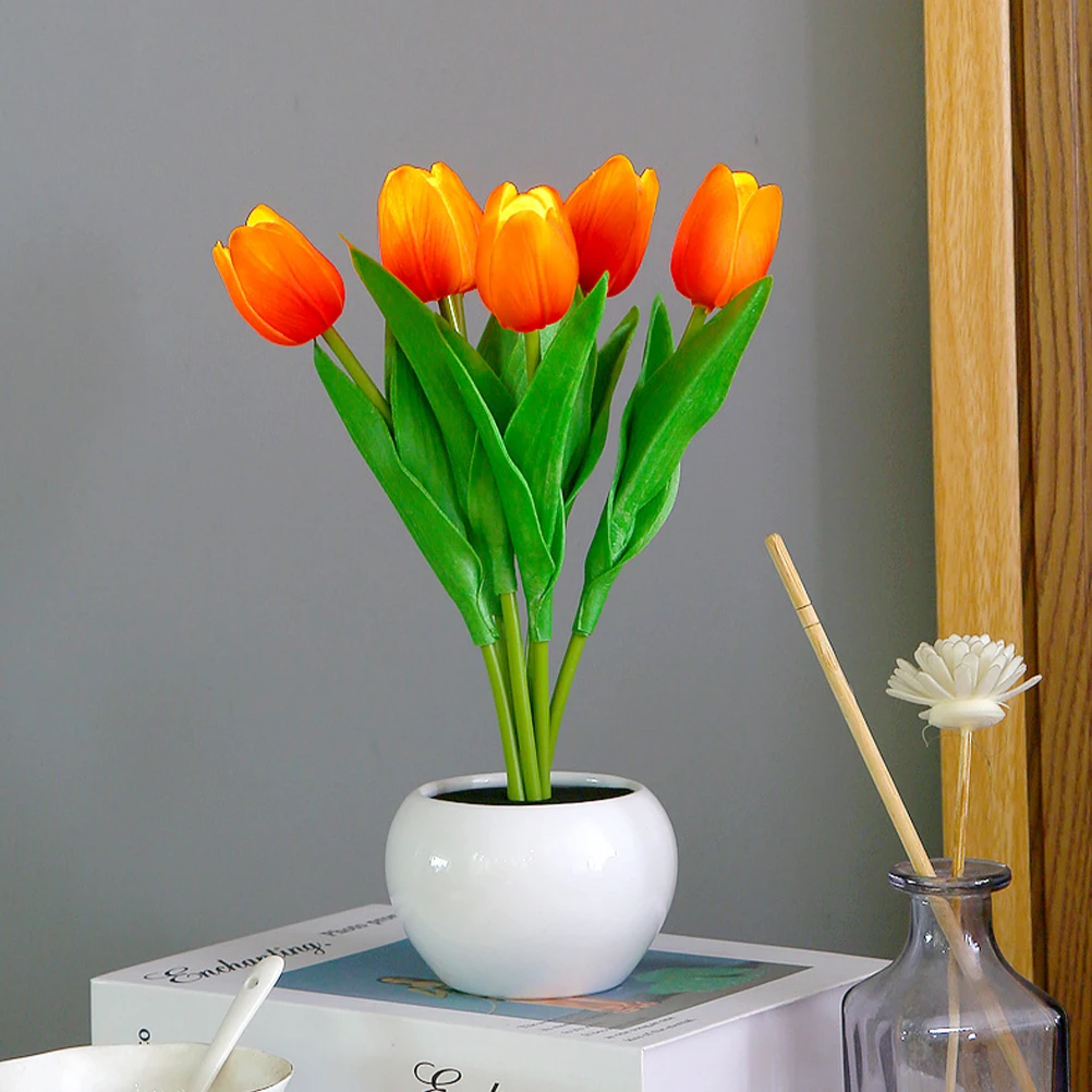 

Tulip Lamp Warm LED Room Bedside Decorative Mini Desk Home PU Ceramic Material Bedside Night Light Small Night Light