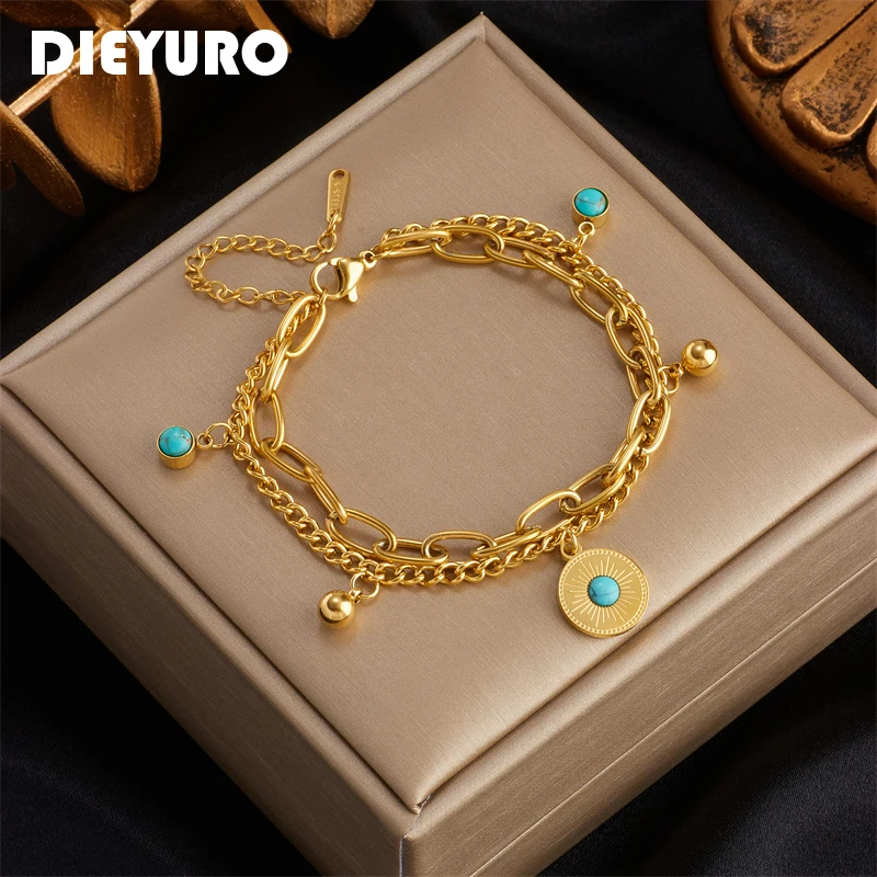 

DIEYURO 316L нержавеющая сталь 2-слойный зеленый камень Круглый Шарм браслет для женщин Высокое качество Золотой цвет девушки запястье ювелирные...