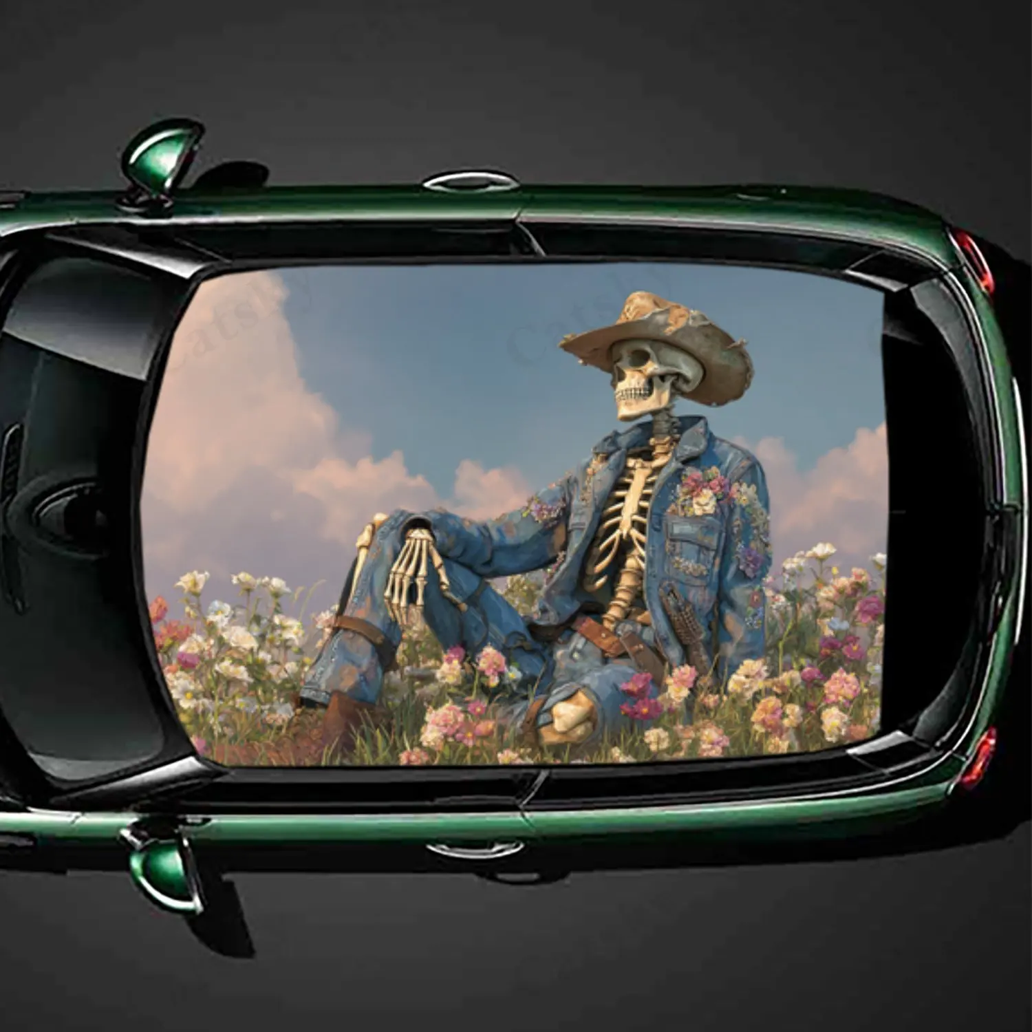 Cowboy skeleton under a flower field PVC material self-adhesive waterproof car roof sticker, paste firm and anti-ultraviolet, wa