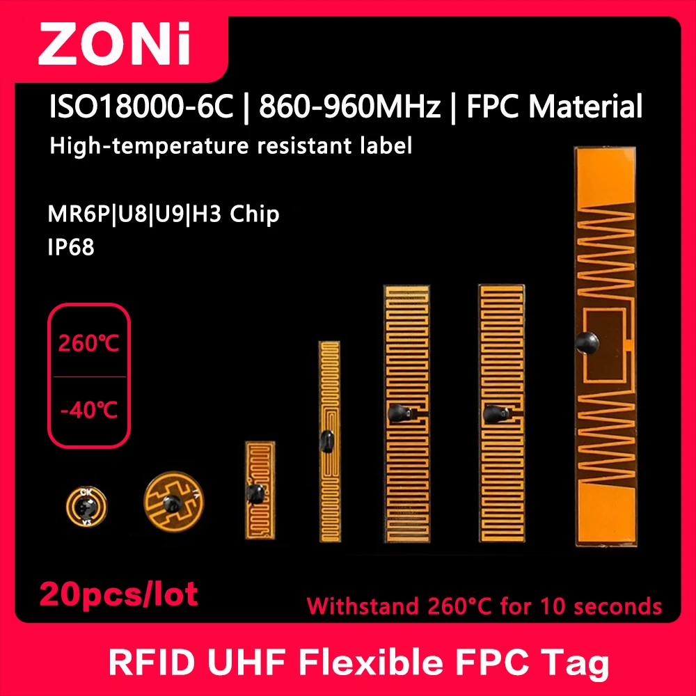RFID UHF FPC Tag Flexib High Temperature Resistance Electronic label NXP U8 U9 MR6P Chip ISO18000-6C Smart Tag 860-960MHz 20PCS