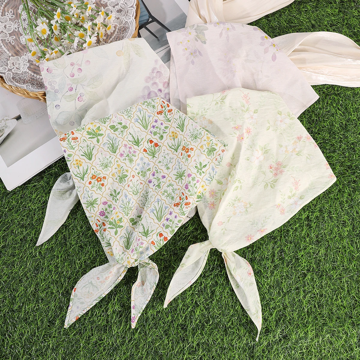 AWAYTR Fabric Printing Triangle Scarf Flower Hair Bands Turban Bandana Headbands For Women Sweet Retro Headwarps Hair Accessorie
