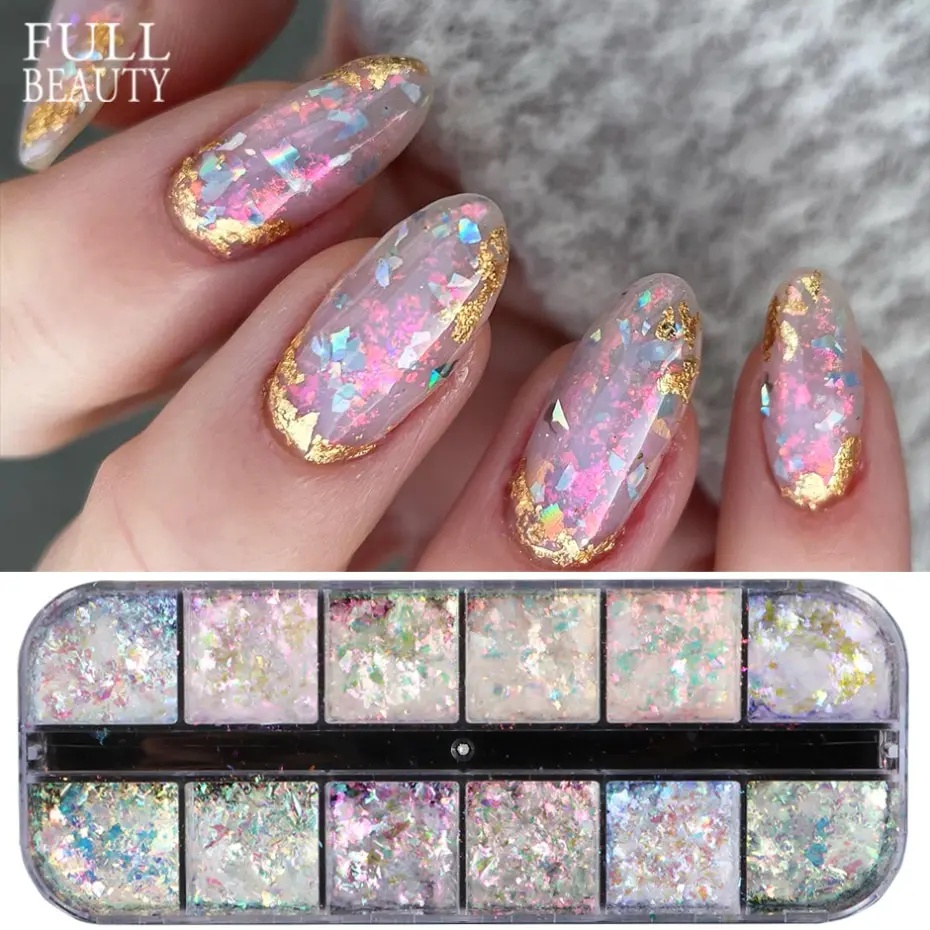 12 Grids Iridescent Nail Aurora Glitter Crystal Fire Flakes Holographic Sparkle Sequins Charms Gel Polish Manicure Flash