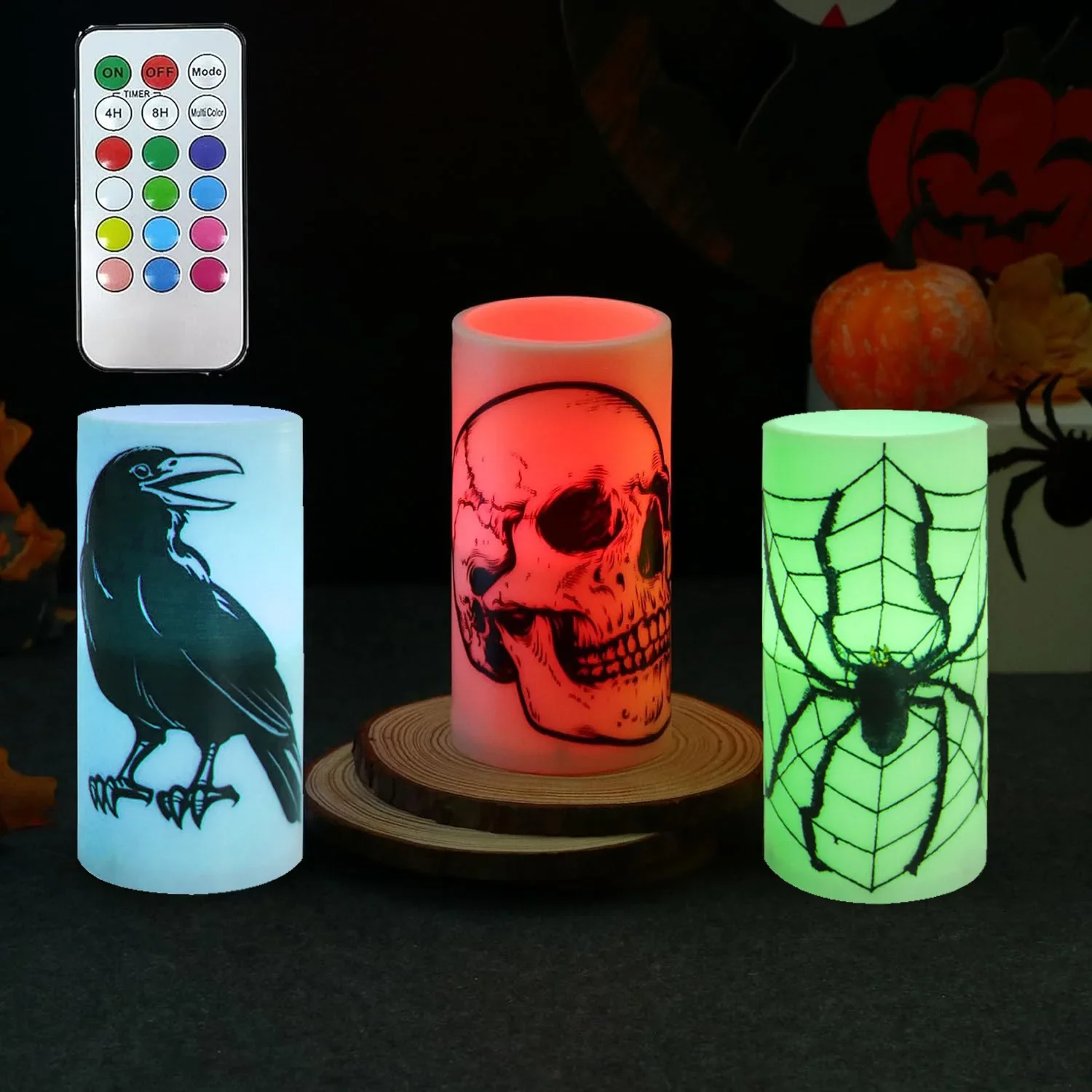 Halloween Flickering Candles with Skull Spider Web Crow Raven Decals 3pcs/set Halloween Themed LED Candles Spooky Decoration