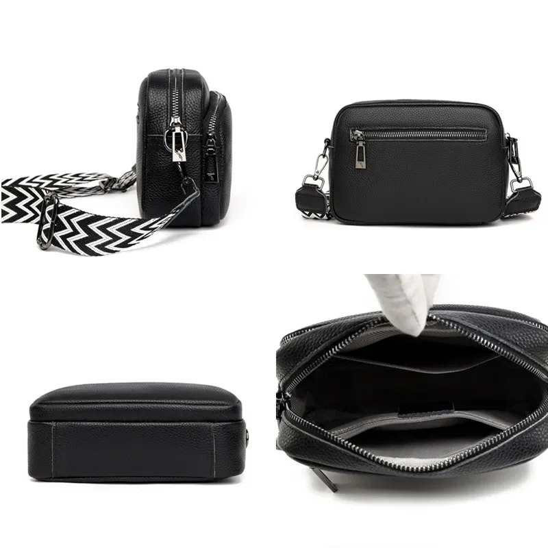 Genuine Leather Cowhide Crossbody Bag Women Double Layer Messenger Bag Simple Shoulder Bag New Female Purse Wild Handbag Bolso