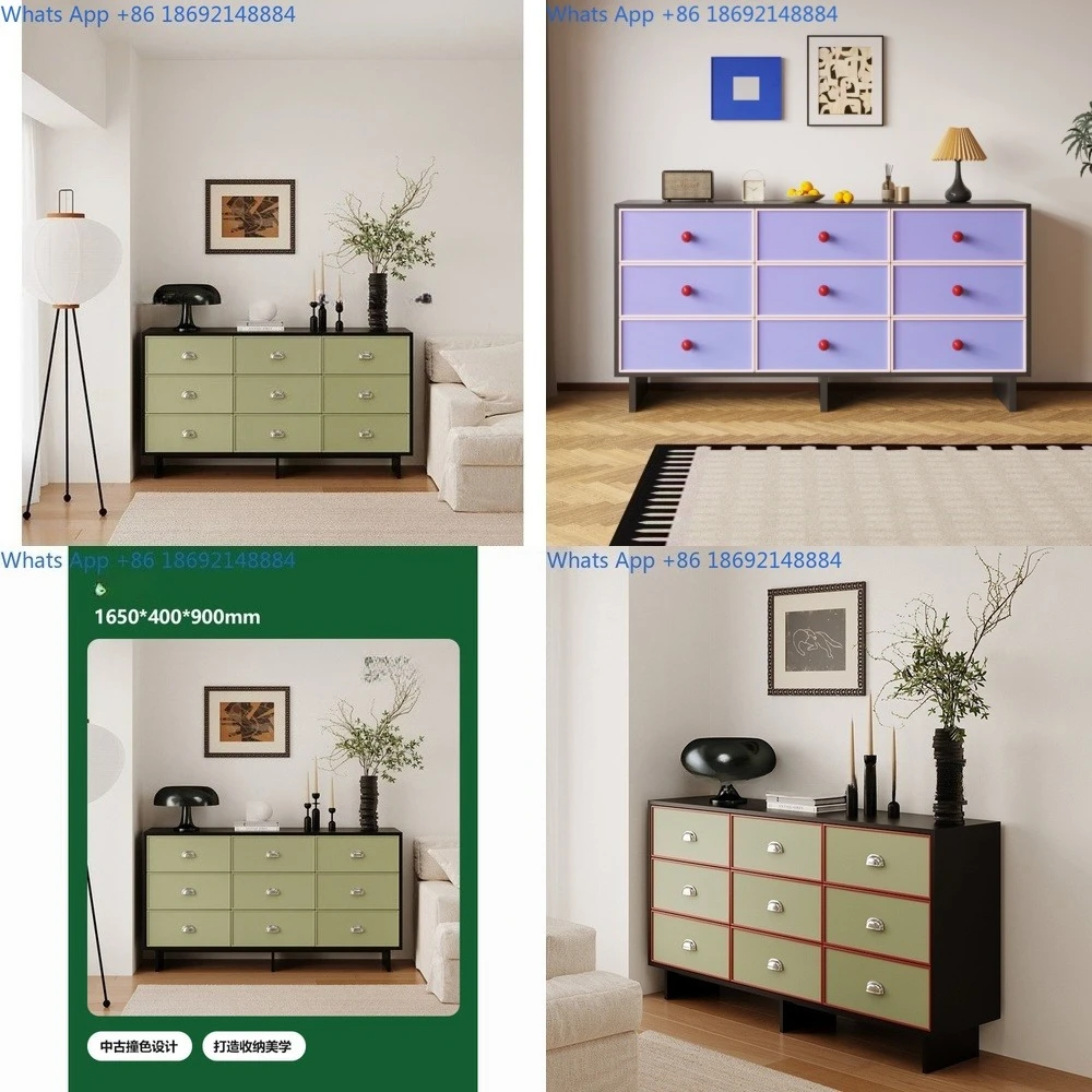 French Vintage Nine Drawer Cabinet Multicolor Solid Wood Sideboard Entryway Storage Chest for Living Room Matte Finish