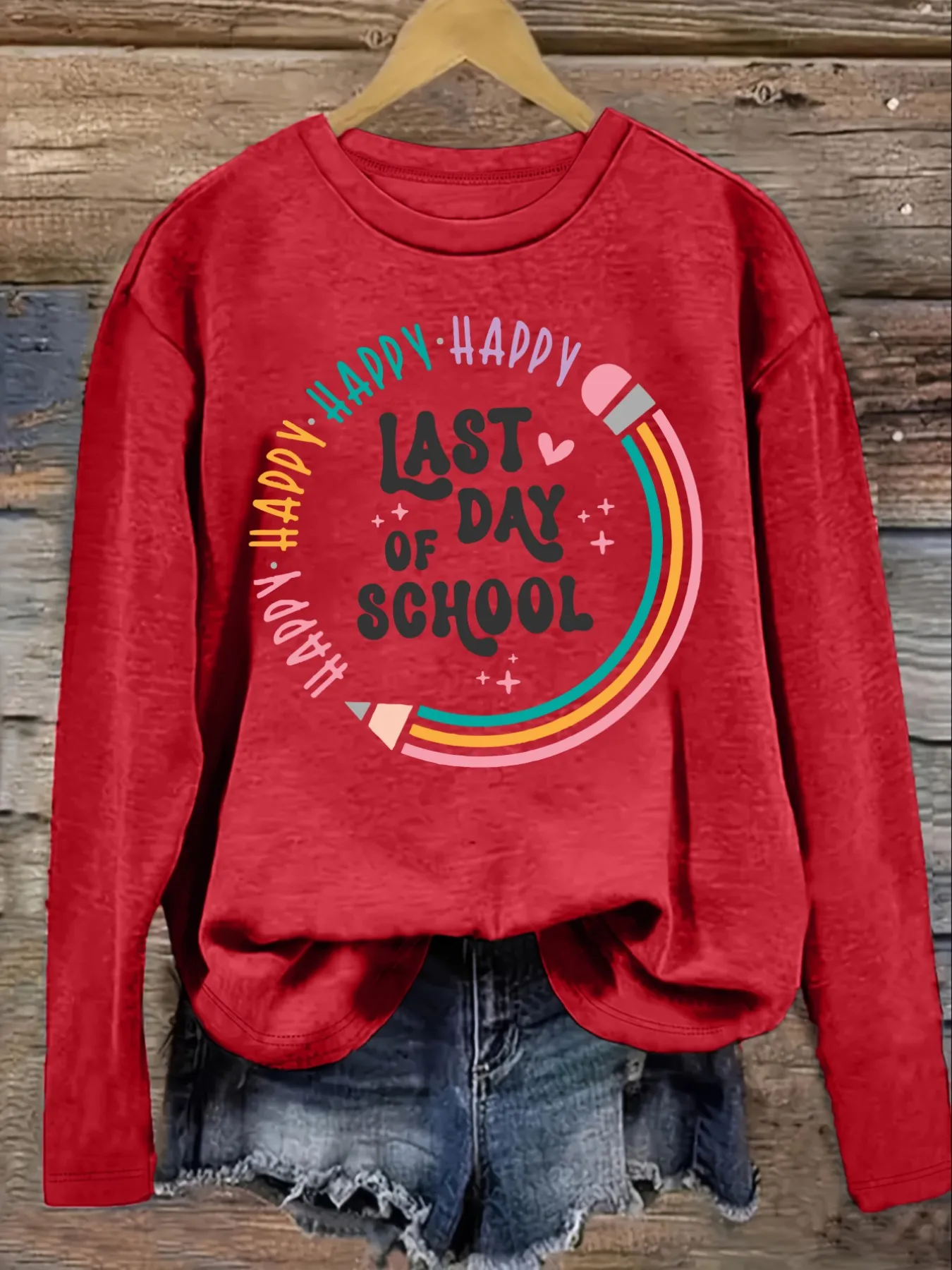 Women's Casual Long Sleeve Crew Neck T-Shirt Happy Last Day Of School Design, Round Neck Women's Clothing, Machine Washable, Slightly Elastic, Loose Fit, Spring Autumn Winter Women's T-Shirt, Halloween Costume Outfit view 4