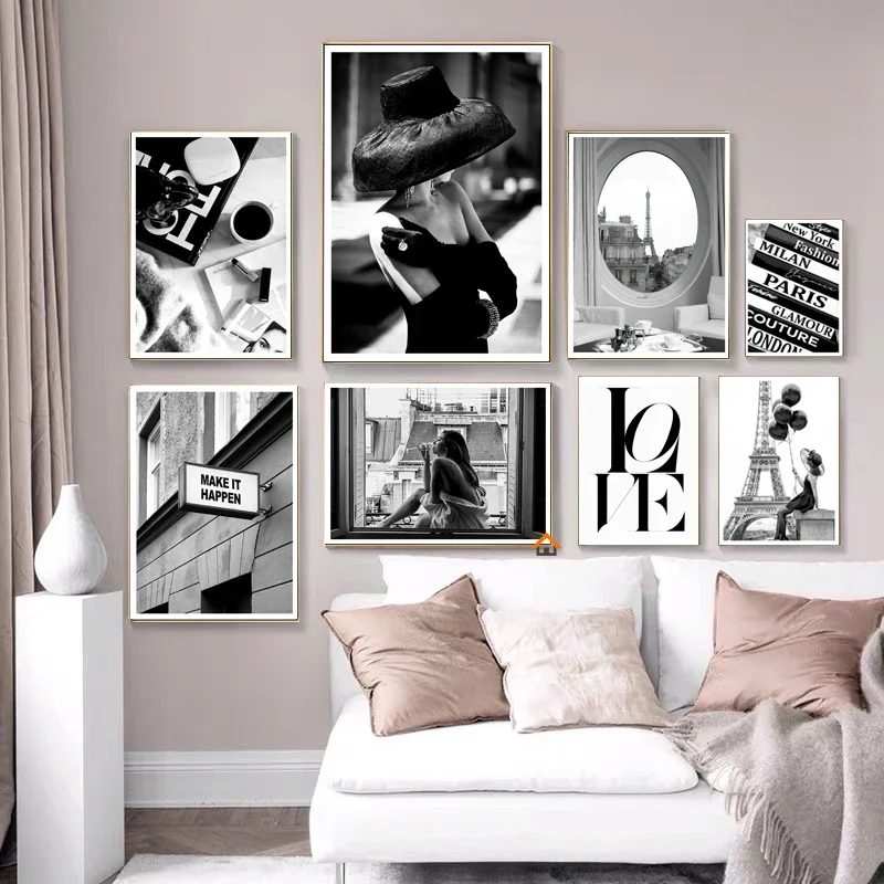 1 Stück rahmenlose Leinwand Moderne Mode Ästhetische Wandkunst Schwarz-Weiß Paris Frau Zitate HD Leinwand Poster Drucke Heim Schlafzimmer L
