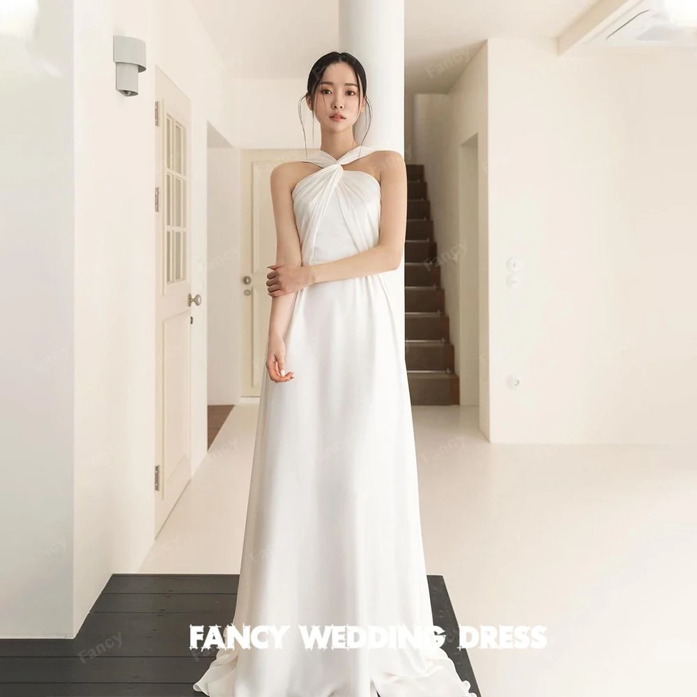 

Fancy Halter Ivory Korea Wedding Dress Sleeveless A Line Soft Satin Bridal Gown Floor Length Korea Photo Shoot 웨딩드레스 Back Zip