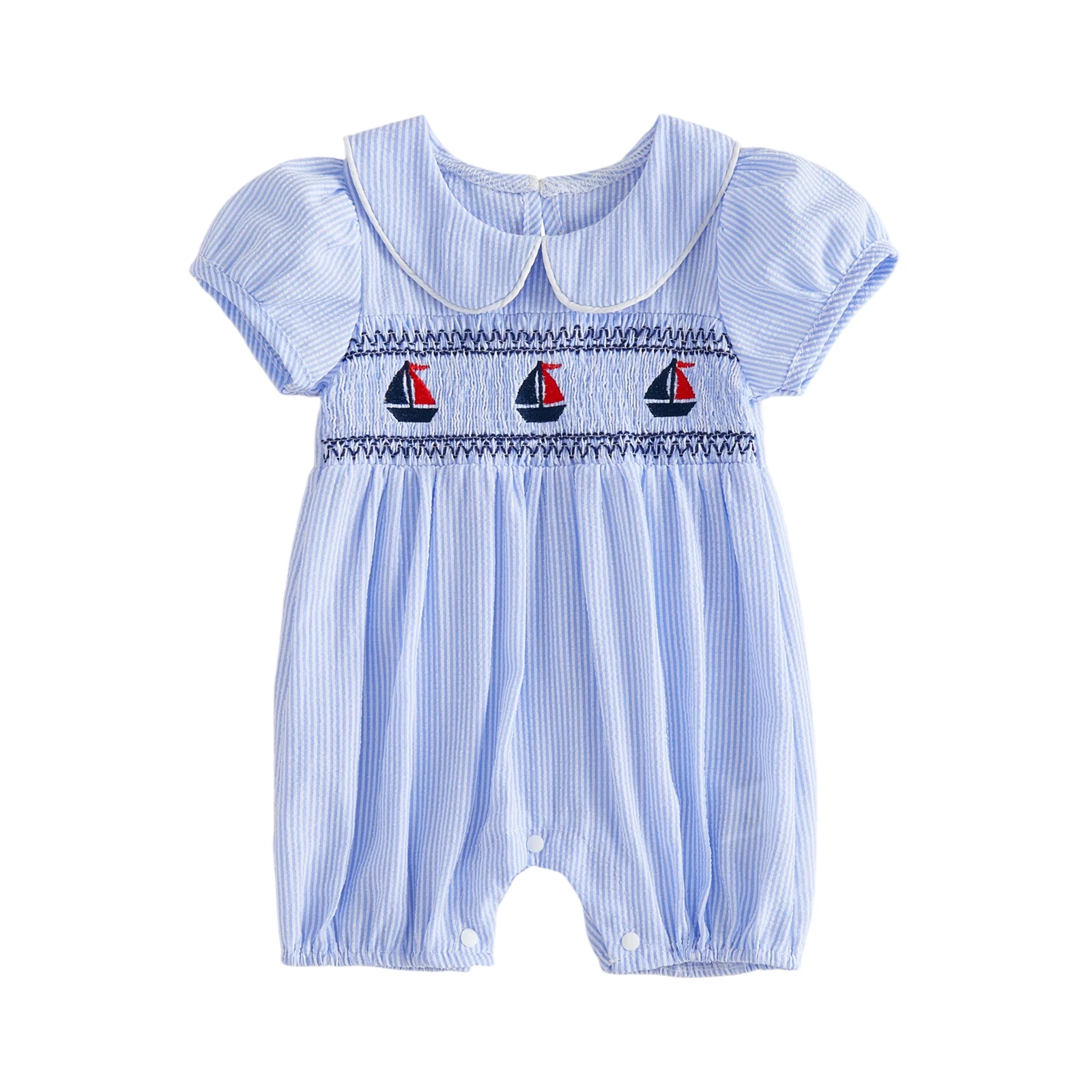 Baby Girl Summer Striped Romper Fashionable Short Sleeve Sailboat Embroidery Smocked Jumpsuit