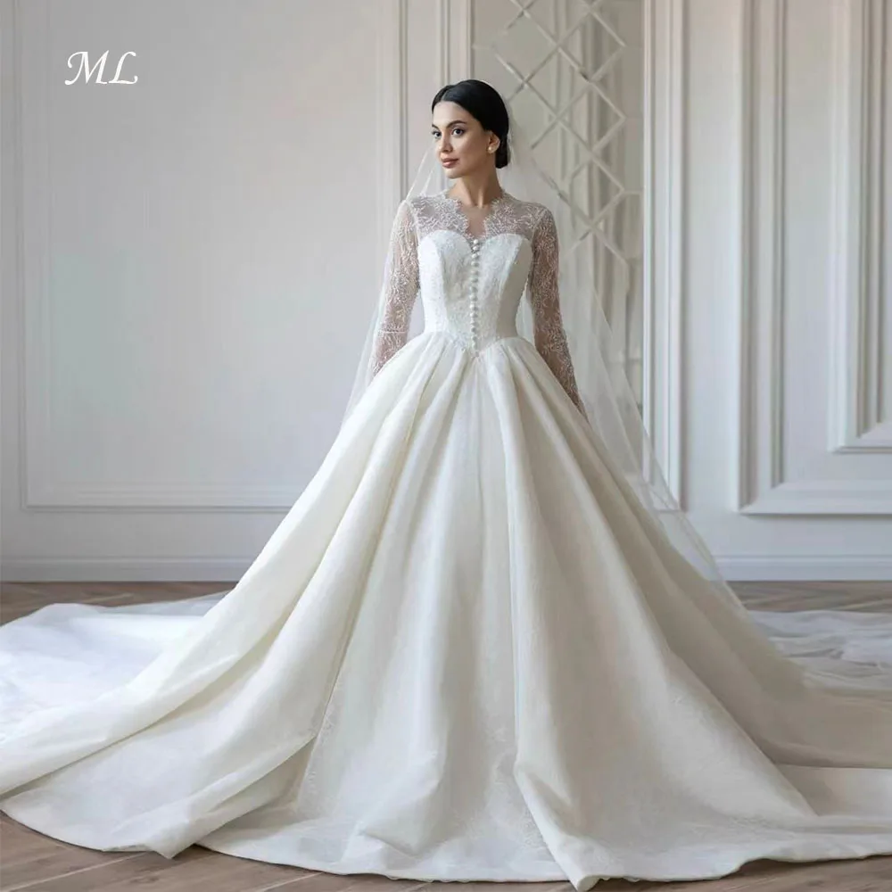 

ML Modest Lace Wedding Dress V-Neck Full Sleeves with Veil Draped A-Line Bridal Gowns Customized Vestidos Bride Dress Muslim