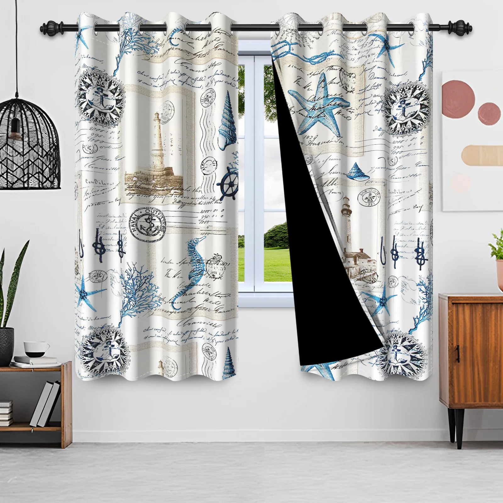 2pcs Vintage Nautical Element Curtains Seashells Starfish Coral Prints Blackout Curtain Living Room Boys Bedroom Window Drapes