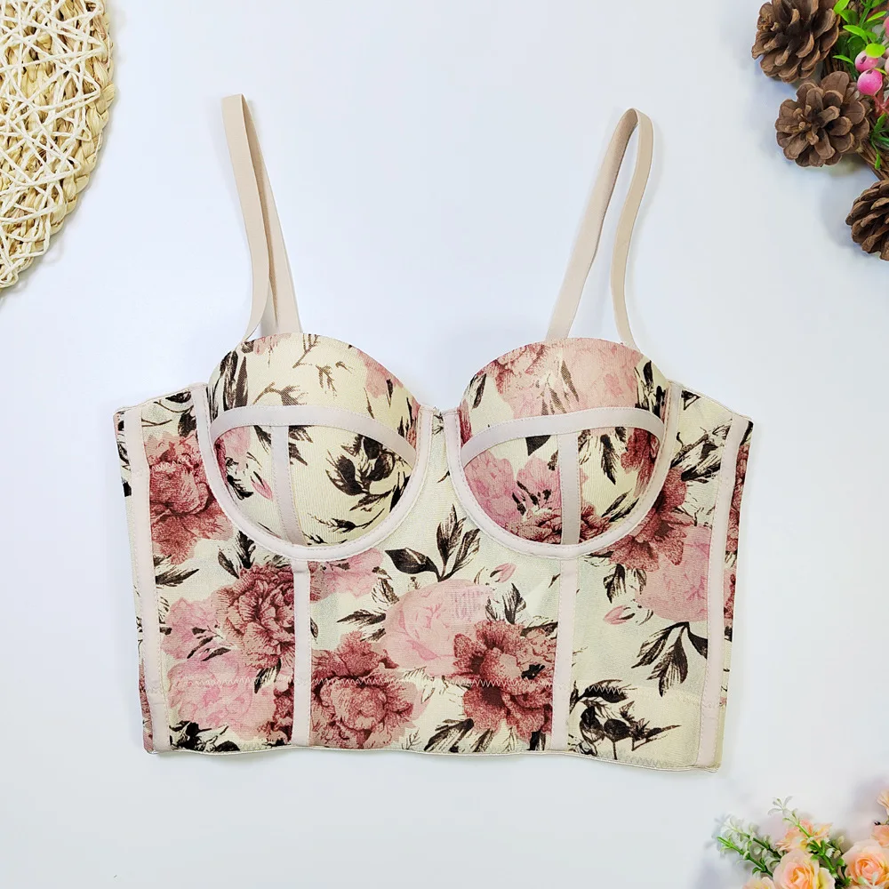 Retro Floral Printed Women Corset Girls Elegant Bustiers Lace Bra Camis Lady Push Up Cropped Tops Club Party Lingeries Vest