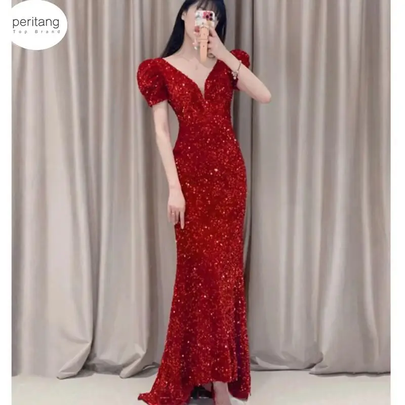 

South African Red V Neck Prom Ruched Cap Sleeve Mermaid Evening Gowns Sexy Side Split Sweep Train Formal Party Female robe Dress