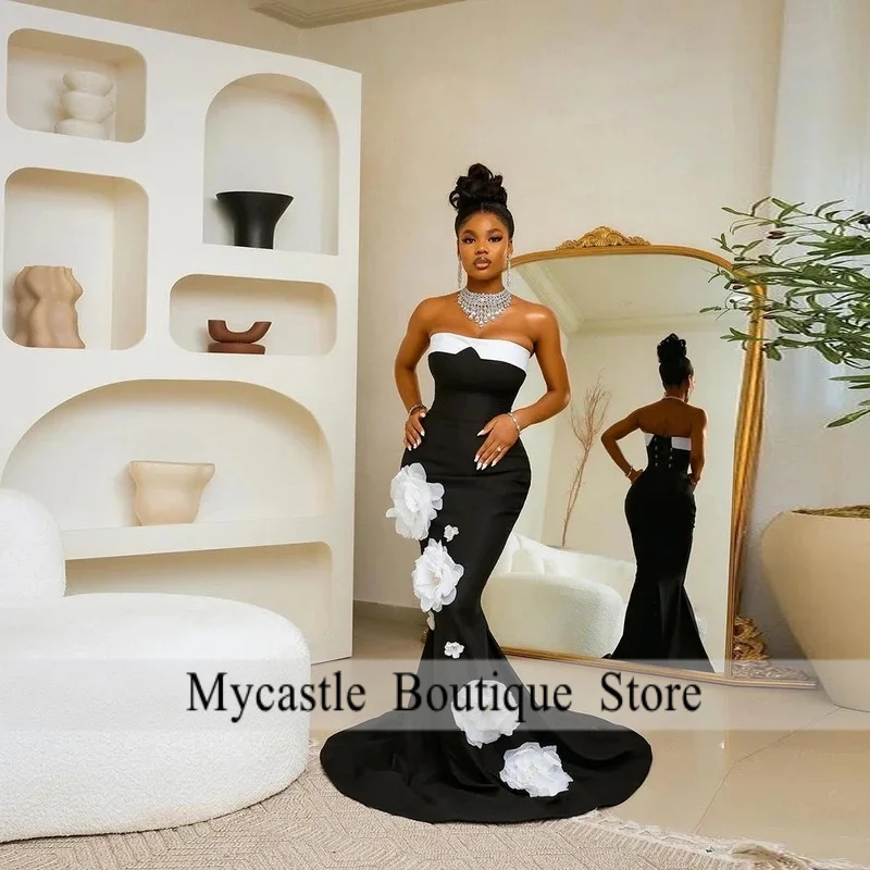 

Luxury Strapless Black Satin Mermaid Aso Ebi Wedding Dresses White Handmade 3D Flowers African Women Party Gowns Robe De MariéE