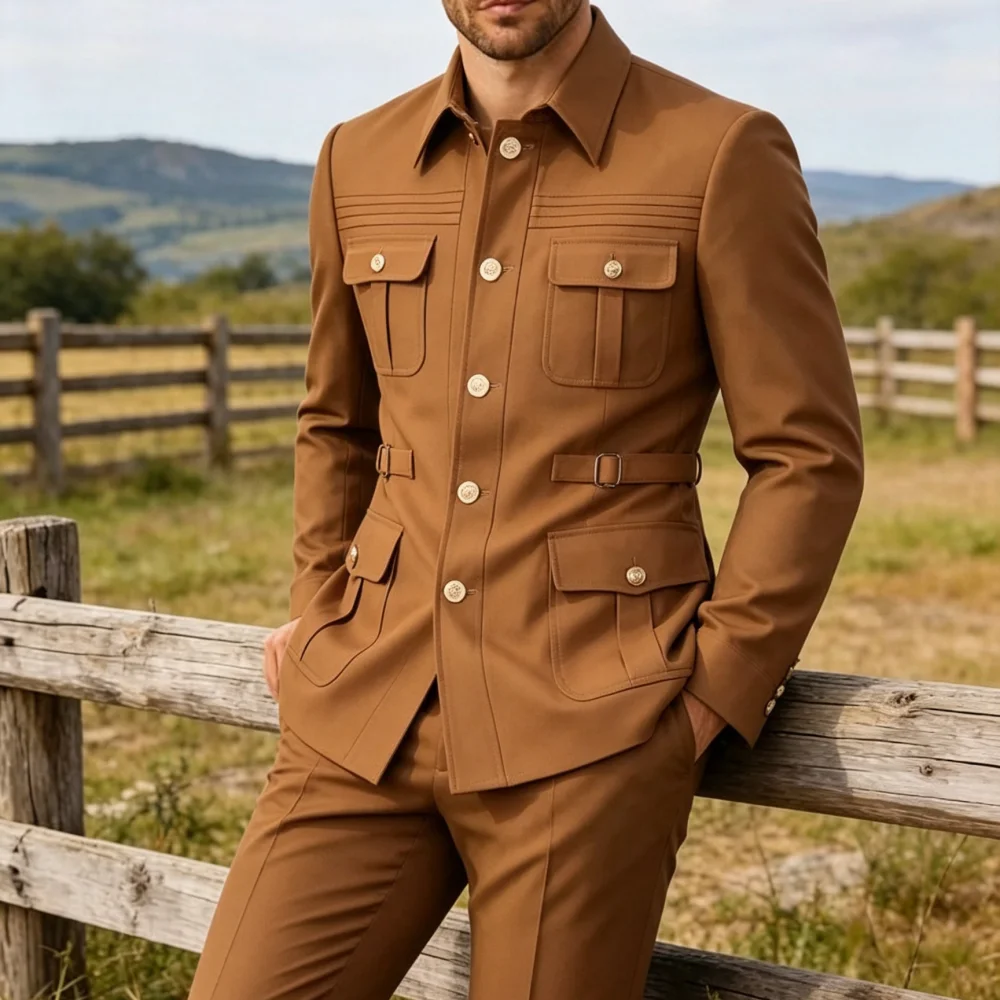2 Pieces Men Vintage Safari Suit  Slim Fit  Multi Pocket  Single Breasted Business Casual Wedding Gentleman Outfit