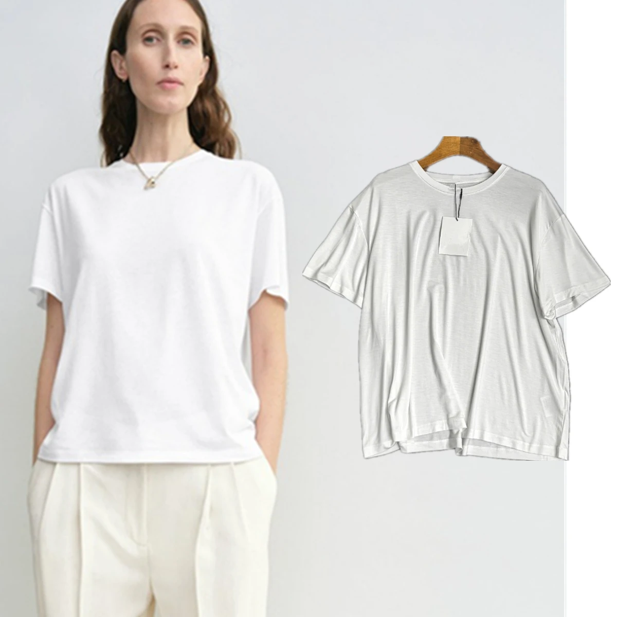 

Maxdutti Round Neck Loose Short Sleeved T-shirt Women Minimalist T-shirt Woman Clothes 33%Cotton+67%Lyocell Casual Tshirt Top