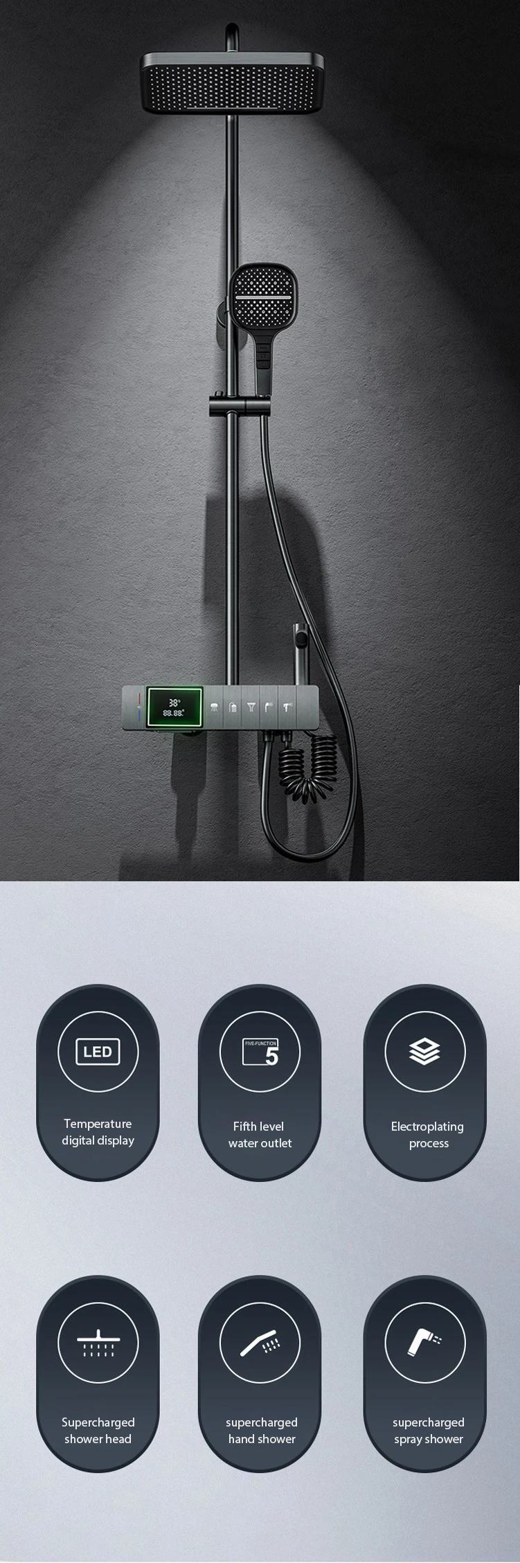Brass Wall Mounted Shower Digital Atmosphere Light Piano Digital Display Bathroom Shower Faucet Piano Shower Set view 5