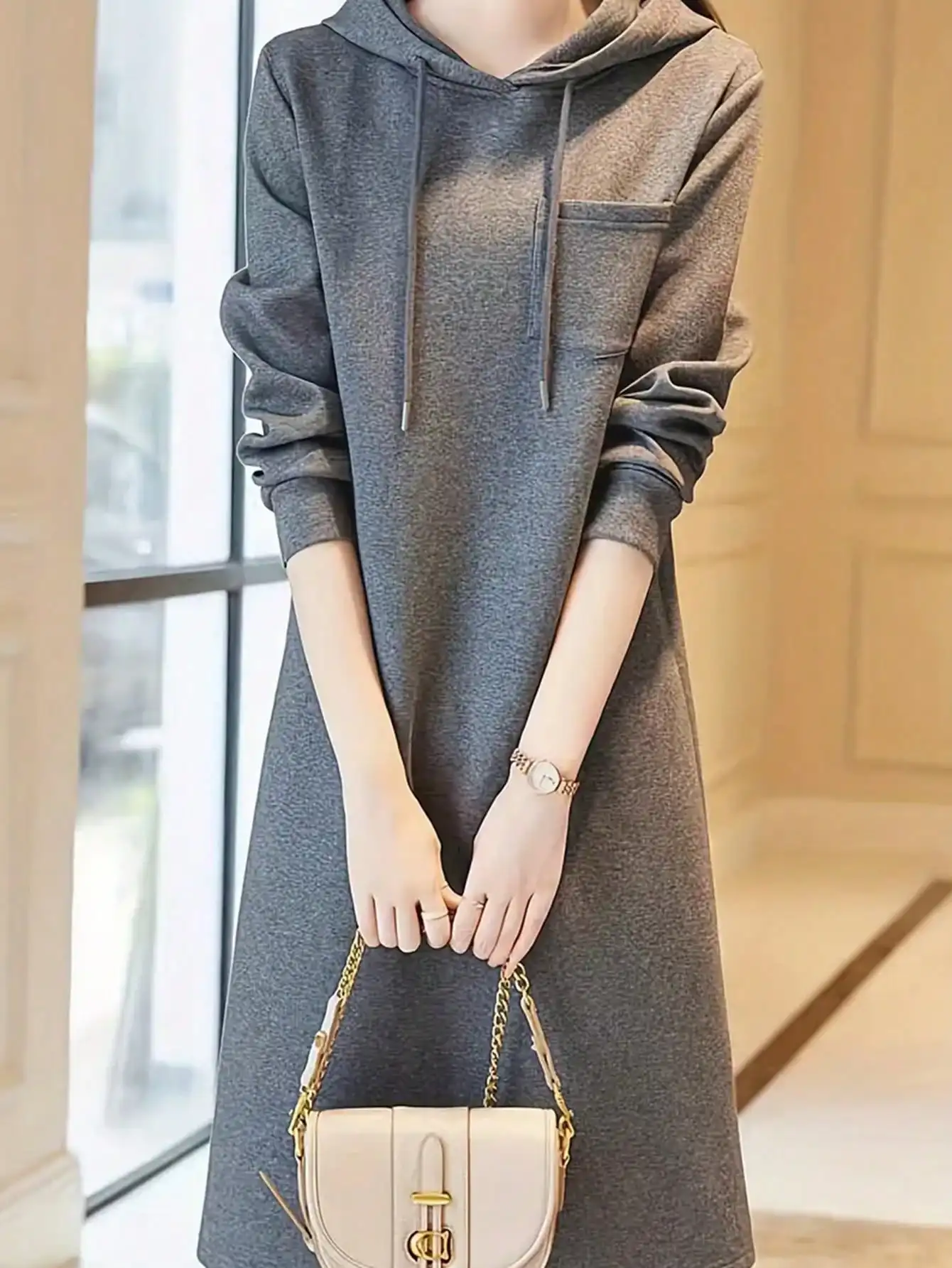 Women's Hooded Knit Midi Dress 2026 Autumn Long Sleeve Stretchy Loose Casual Sweat Dress with Drawstring Hood and Pocket