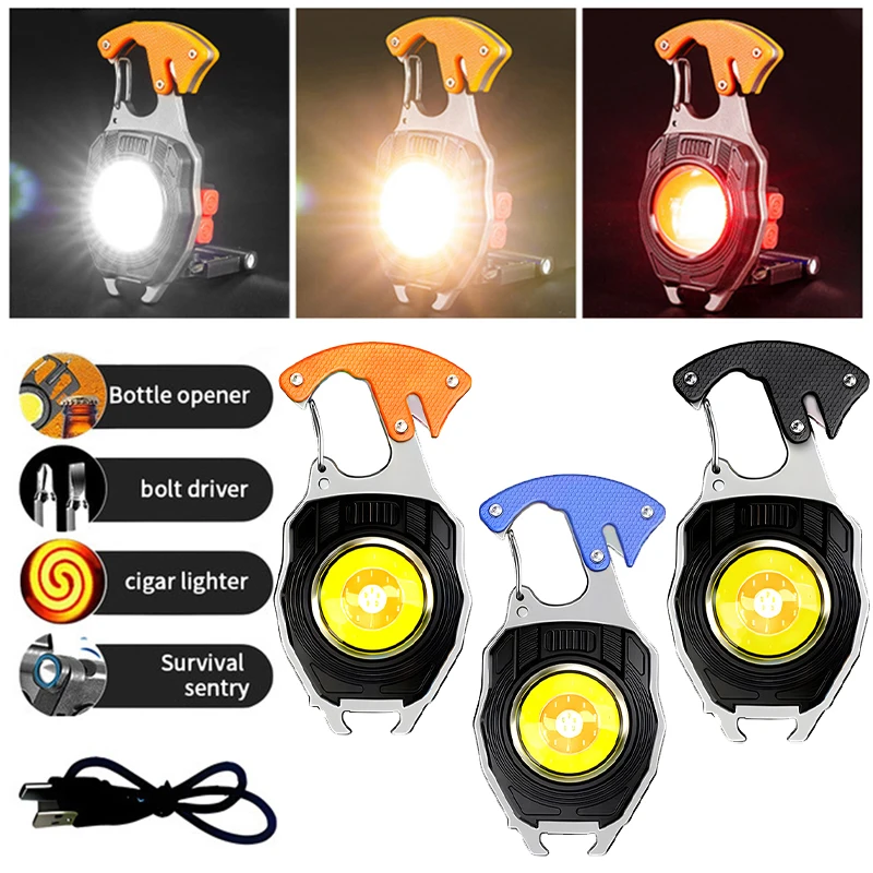 LED Flashlight Portable Multifunctional Mini Keychain Lamp USB Rechargeable Work Light Strong Torch Camping Outdoor Lantern