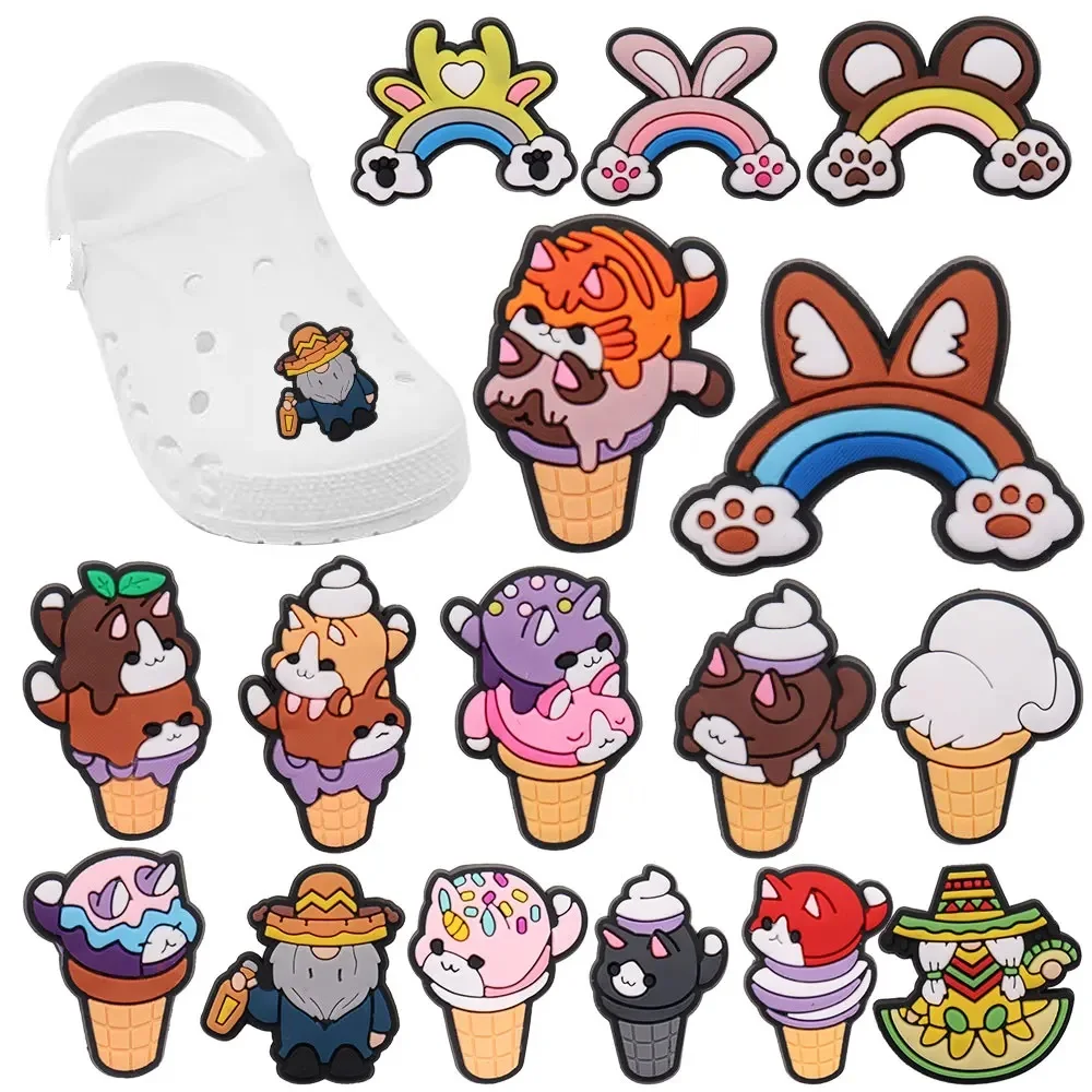 

Good Quality 1pcs PVC Shoe Charms Kawaii Ice Cream Cat Ears Rainbow Accessories Shoe Buckle Ornament Fit Kids DIY Party Gift