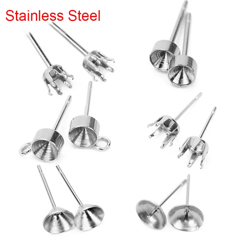 

30pcs Hypoallergenic Stainless Steel Stud Earring Post Pins Base 3 4 5 6 8mm Cubic Zircon Stones Settings For Diy Jewelry Making