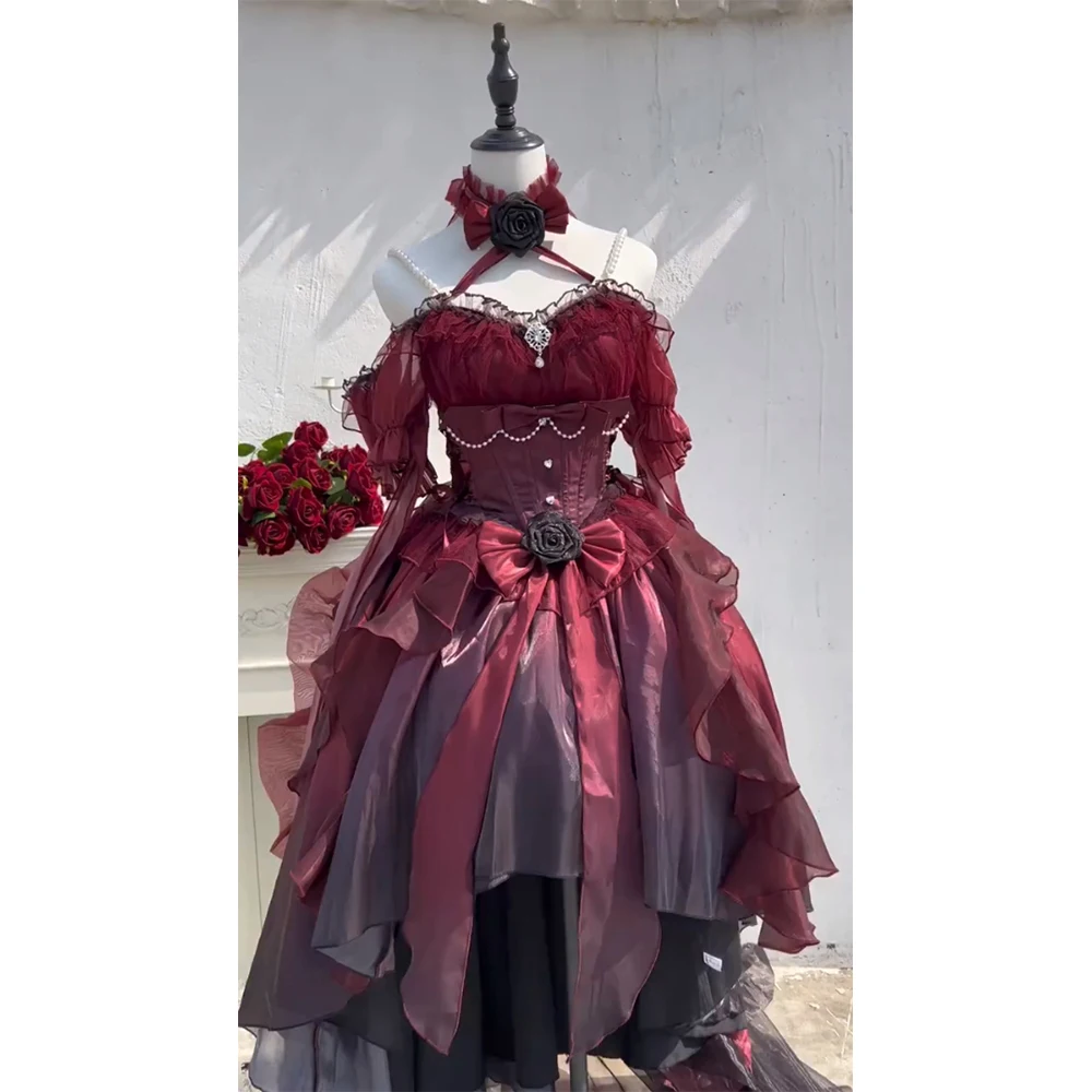 Vestido de novia largo con parte delantera degradada negra y roja, parte trasera corta, cola industrial pesada Lolita