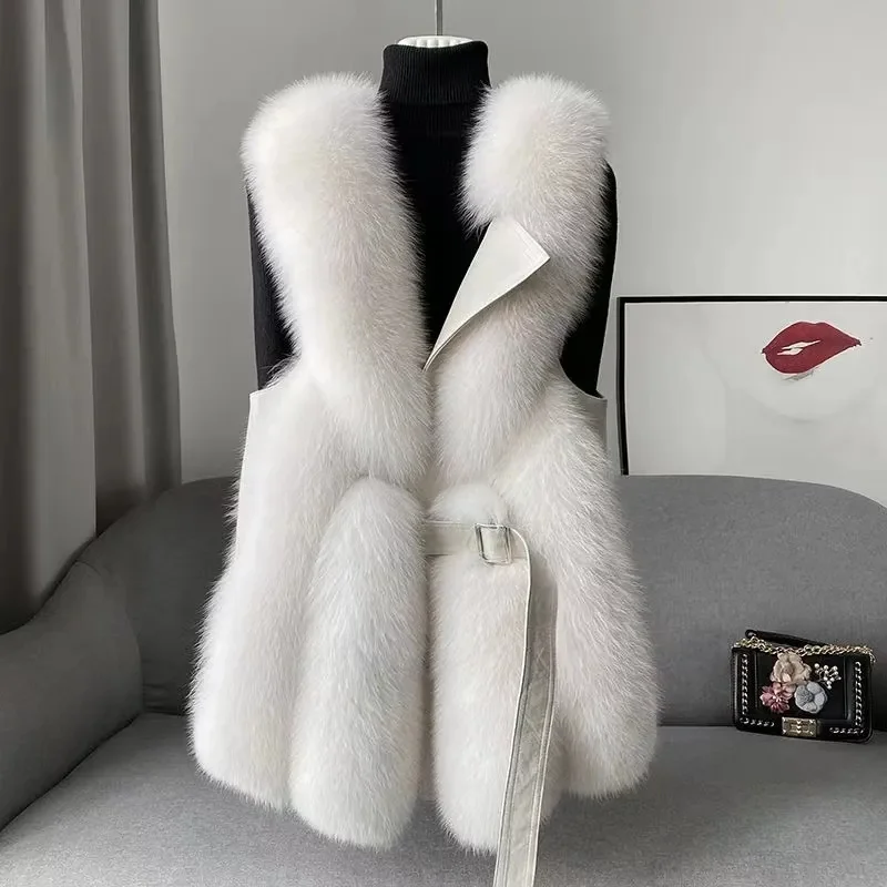 

2024 Women Lmitation Fox Fur Vest Outwear Female Medium Long Styles Waistcoat Top Autumn Winter Ladies Fashion Sleeveless Jacket