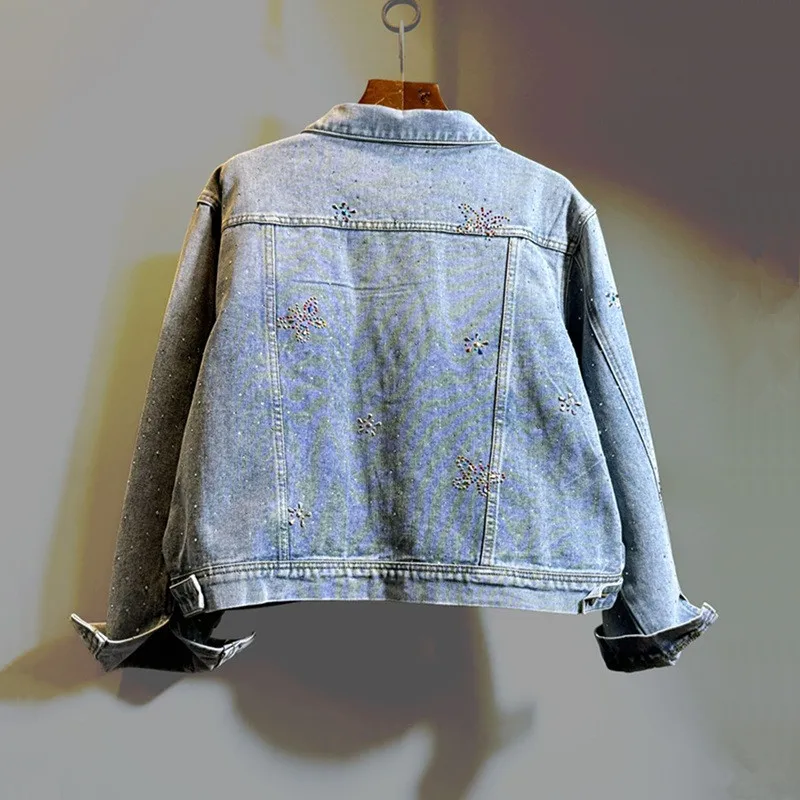 Vintage Washed Blue Short Denim Jacket Fashion Diamond Butterfly Loose Casual Lapel Long Sleeve Female Jeans Jacket Streetwear