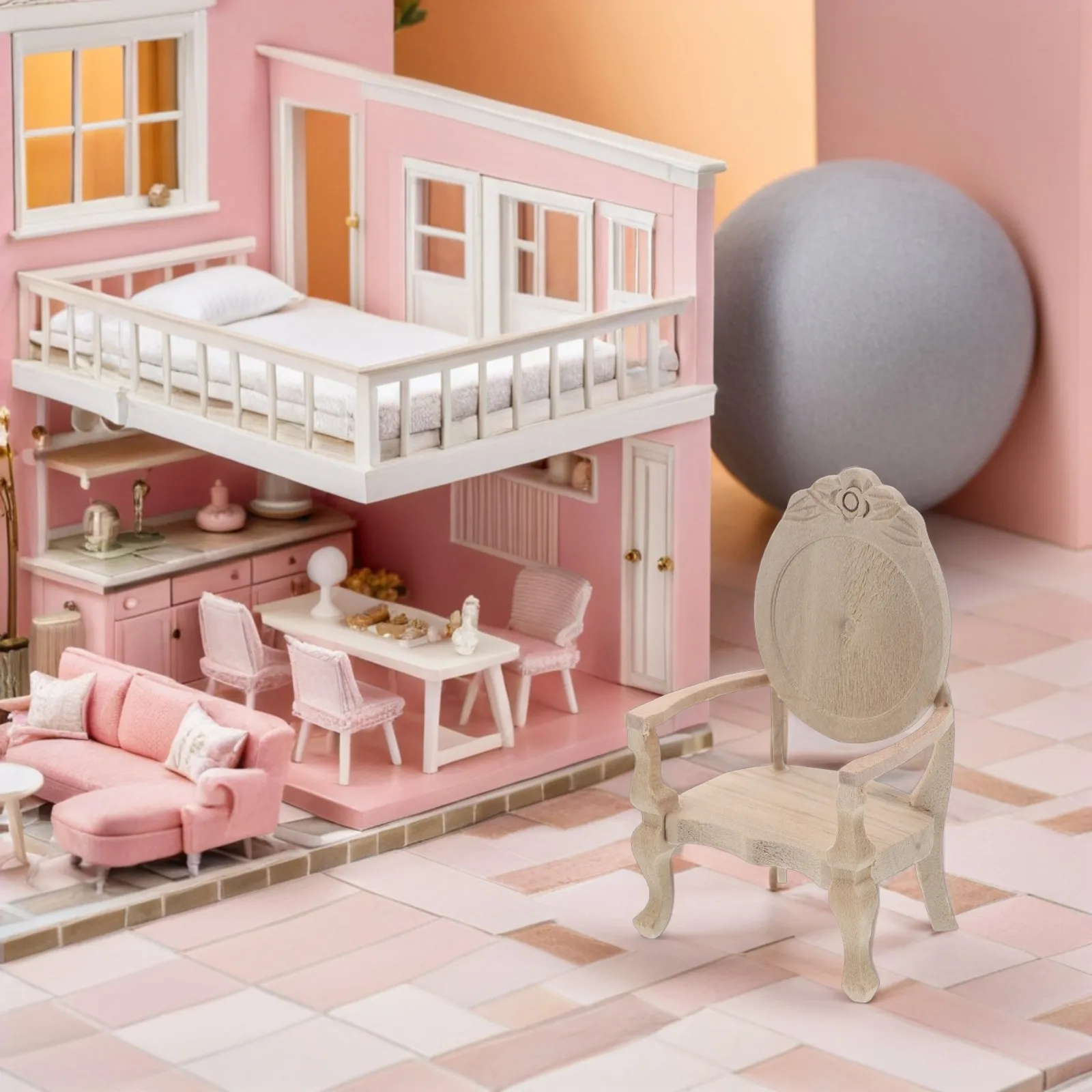 1:12 Scale Miniature Vintage Wood Armchair Unfinished DIY Retro Style Dollhouse Furniture Bedroom Living Room Chair