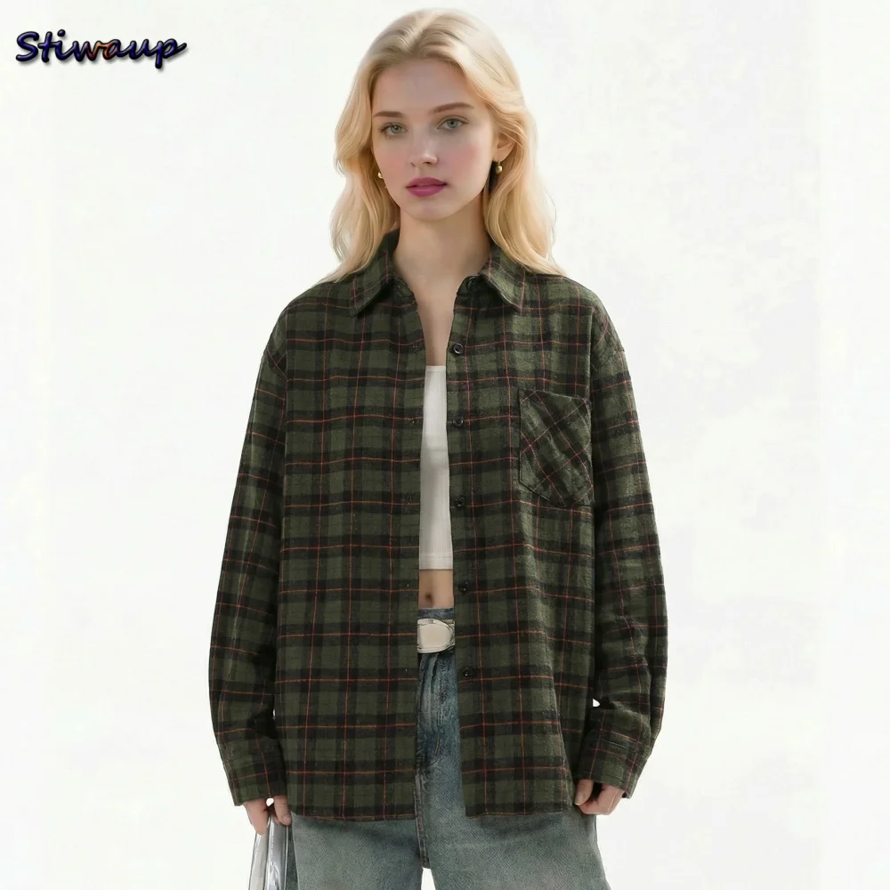 

American Vintage Plaid Women Shirts Designer Best Selling Elegant Women's Blouses Casual Loose Fit Long Sleeve Tops for Woman