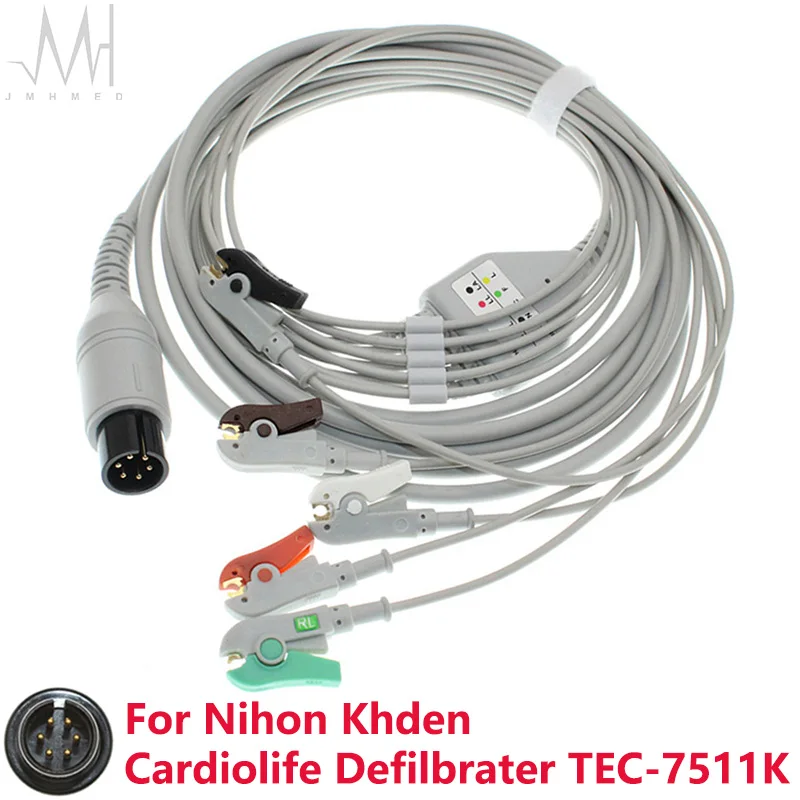 

6Pin ECG EKG 3/5 Lead One-Piece Cable and Electrode Leadwire for Nihon Khden Cardiolife Defilbrater TEC-7511K Monitor,1K.