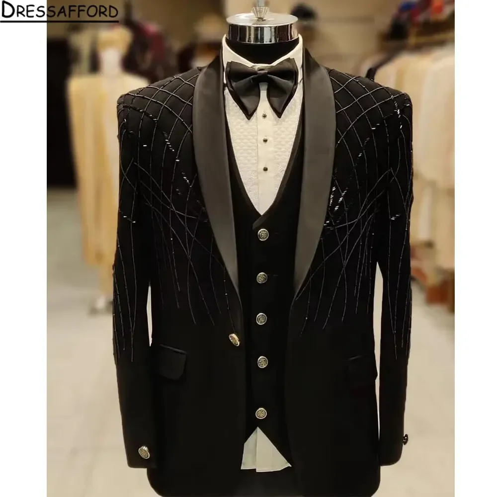 Black Gorgeous Beading Blazers Men Suits Fashion Banquet 2 Piece Business Jacket Pants Trousers