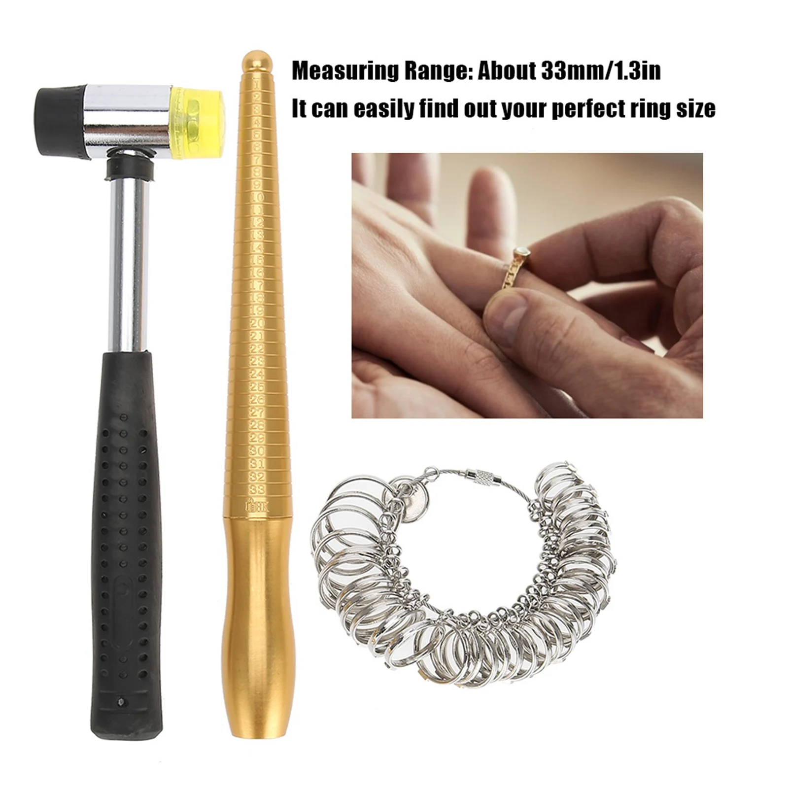 3pcs / Set Ring Mandrel Sizer Finger Measuring Stick Handle Hammers Jewelry Tool Ring Measuring Accessory