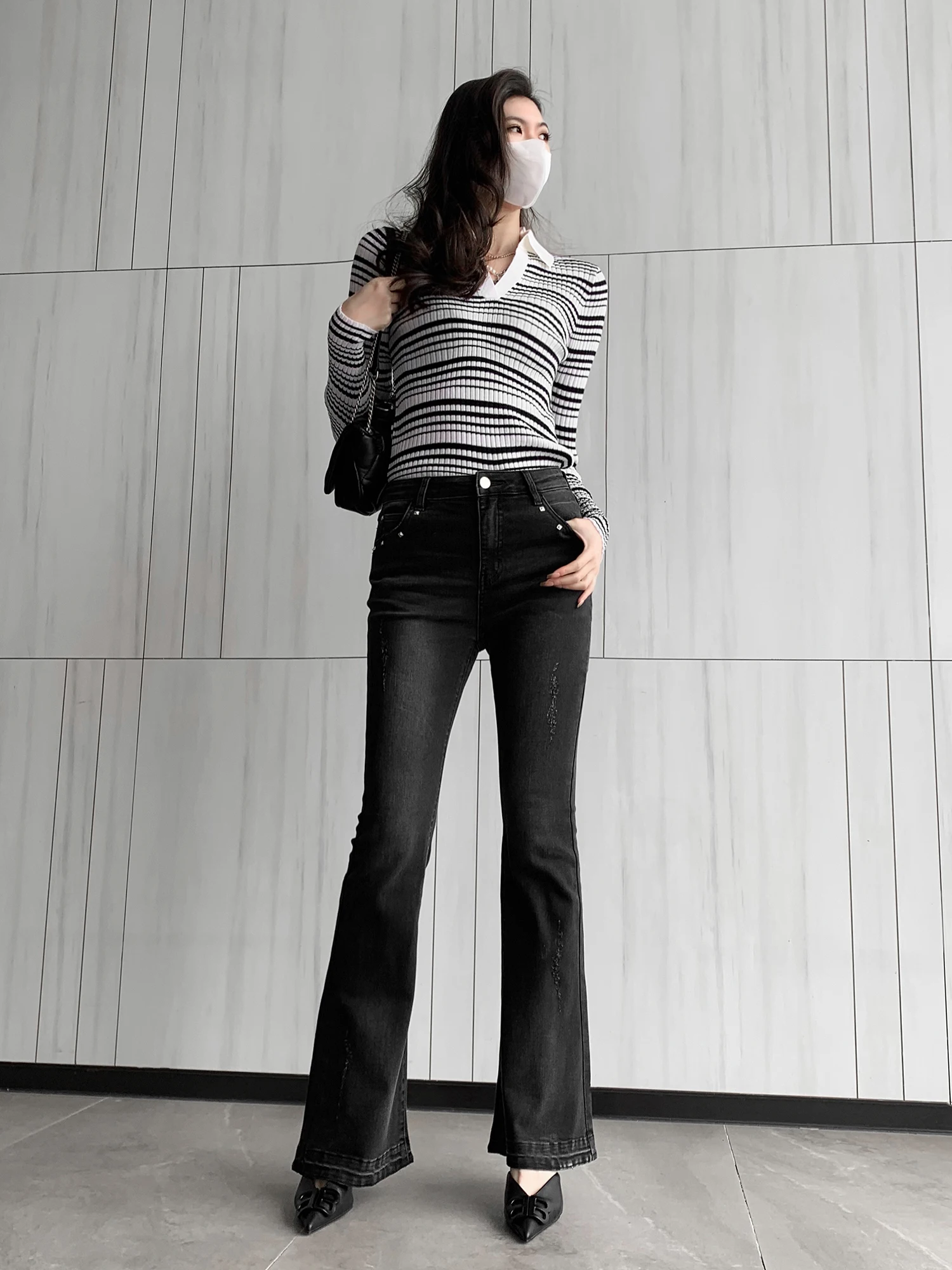 BLACK MICRO-FLARE PANTS FOR WOMEN Y2K FASHION NEW HIP-LIFT HIGH-WAISTED SLIM CASUAL FULL LENGTH JEANS - FORGUNROSES