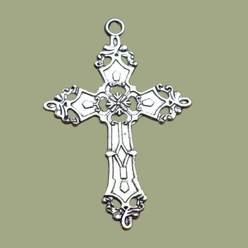 10pcs Silver Plated Baroque Style Crosses Metal Pendant DIY Charms Necklace Earrings Jewelry Crafts Gift Making 56*37mm  A10