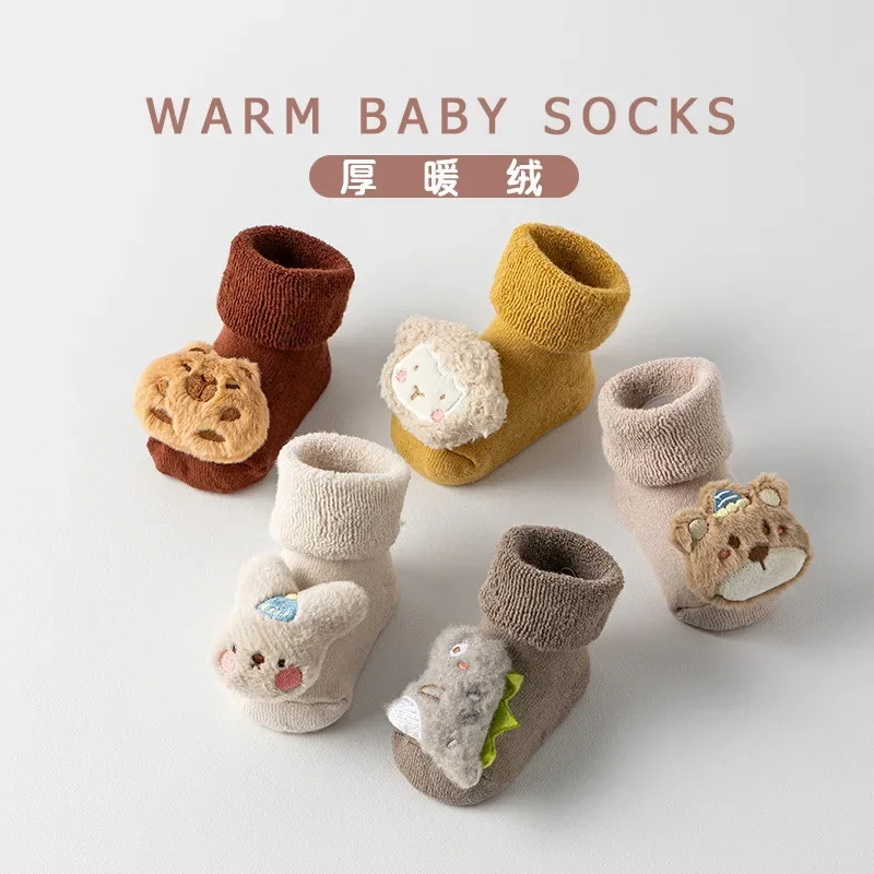 1 Pair Warm Terry Newborn Sock for Boy Girl Sweet Cartoon Animal Calf Sock for Toddler Autumn Winter Indoor Non-slip Floor Sock