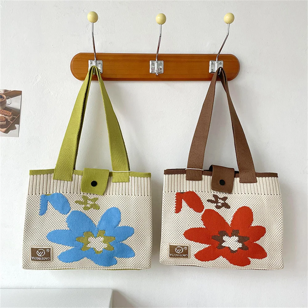 Women Flower Knitting Tote Wrist Bags Designer Contrast Color Weave Handbag Female Casual Cloth Shopping Bag School Shoulder Bag