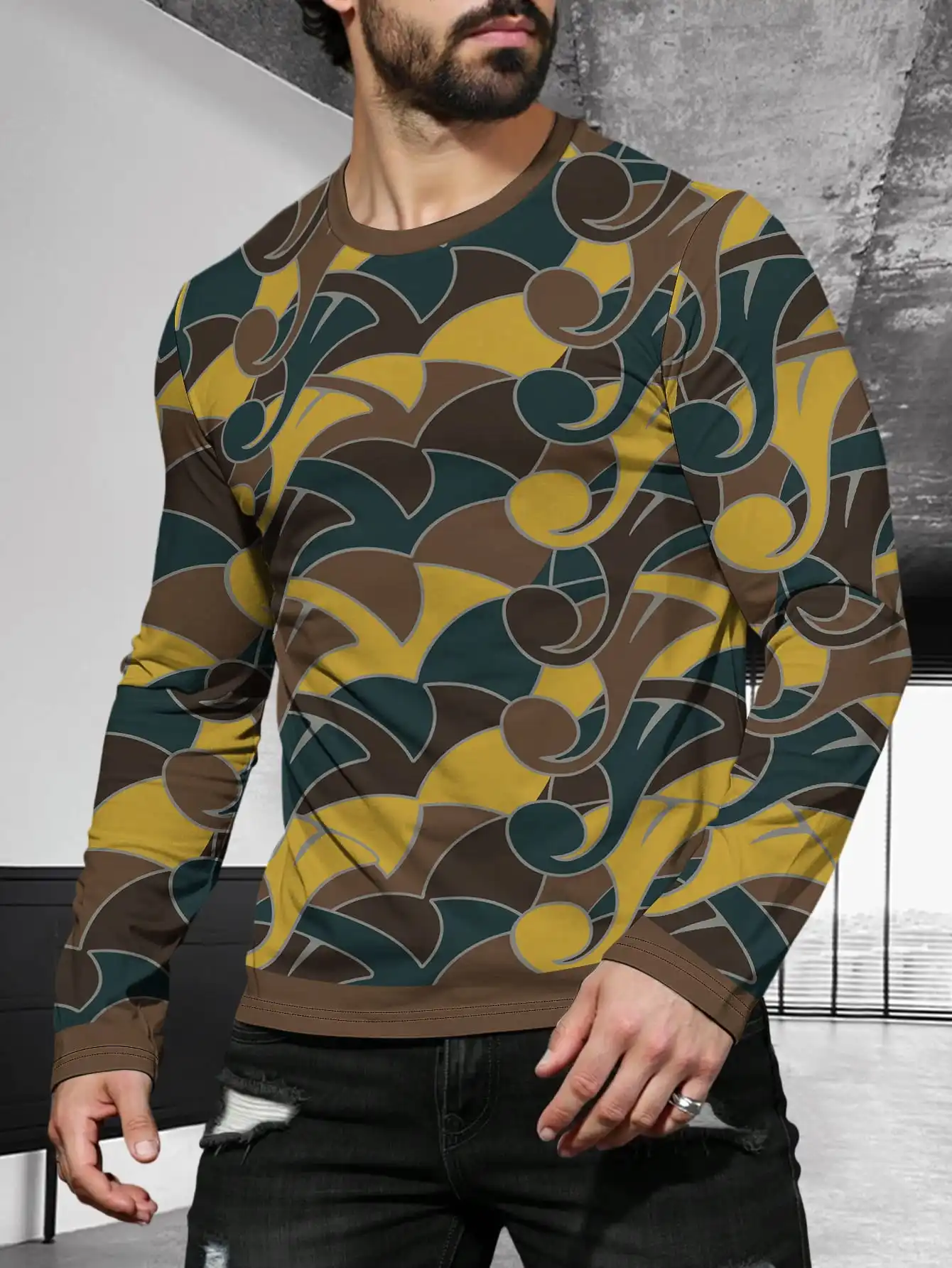 

Handsome MenS Fashion 3D Print T Shirt Geometry Graphic Tee Casual Long Sleeve Line Graffiti Spring And Summer 2025