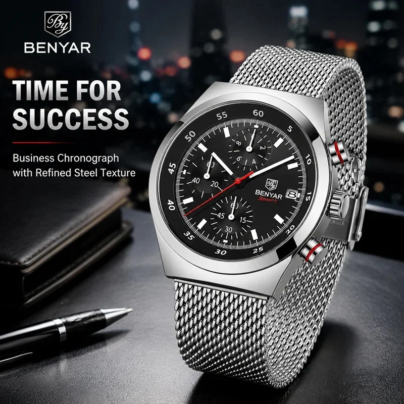 BENYAR 2026 New Top Luxury Brand Men's Business Leisure Watch Mesh Band Quartz Timing Men's Watch 30 Meter Waterproof