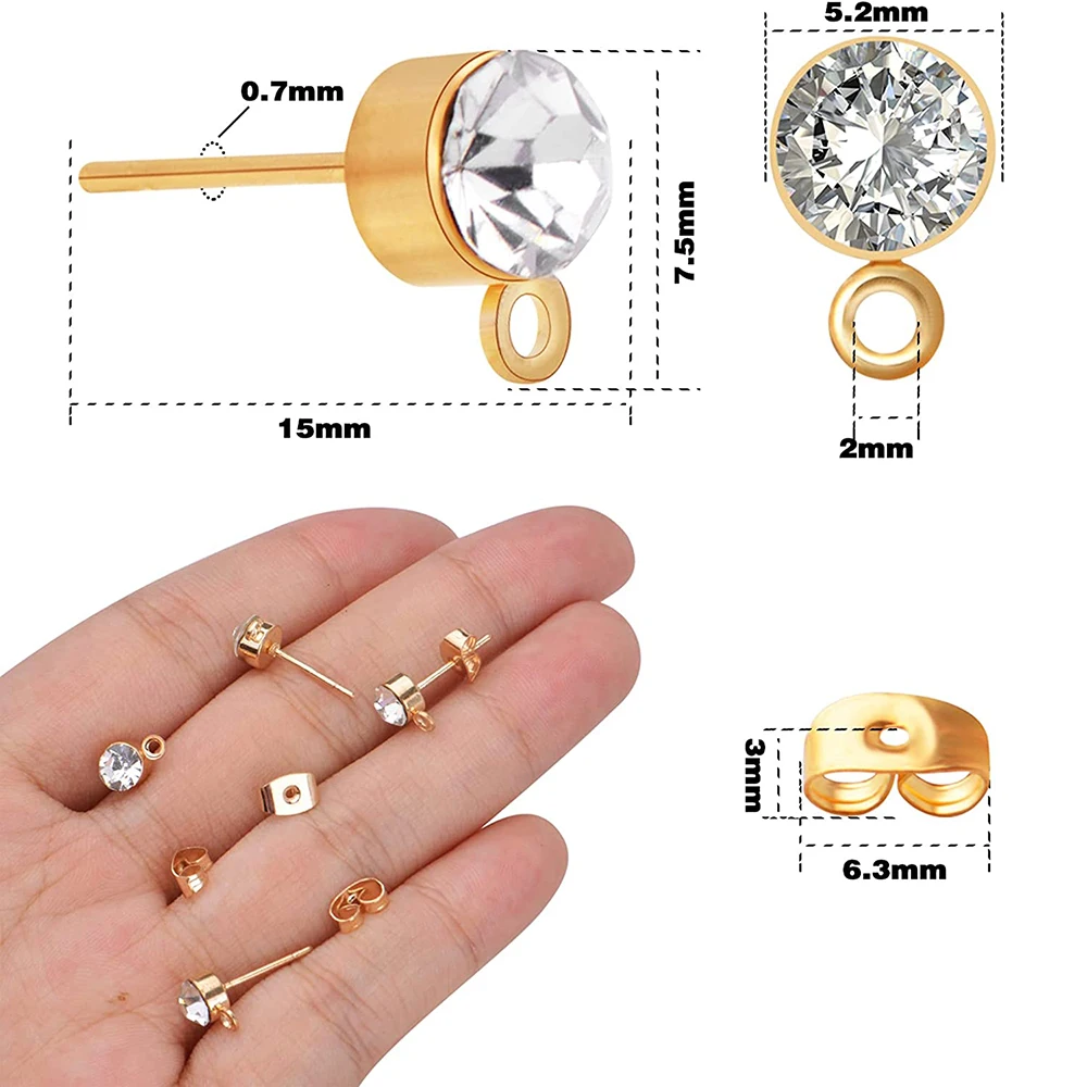 50pcs 5mm Rhinestone Earring Studs Hypoallergenic Ear Posts with Loop and 50pcs Ear Plug Earring Backs for DIY Jewelry Making