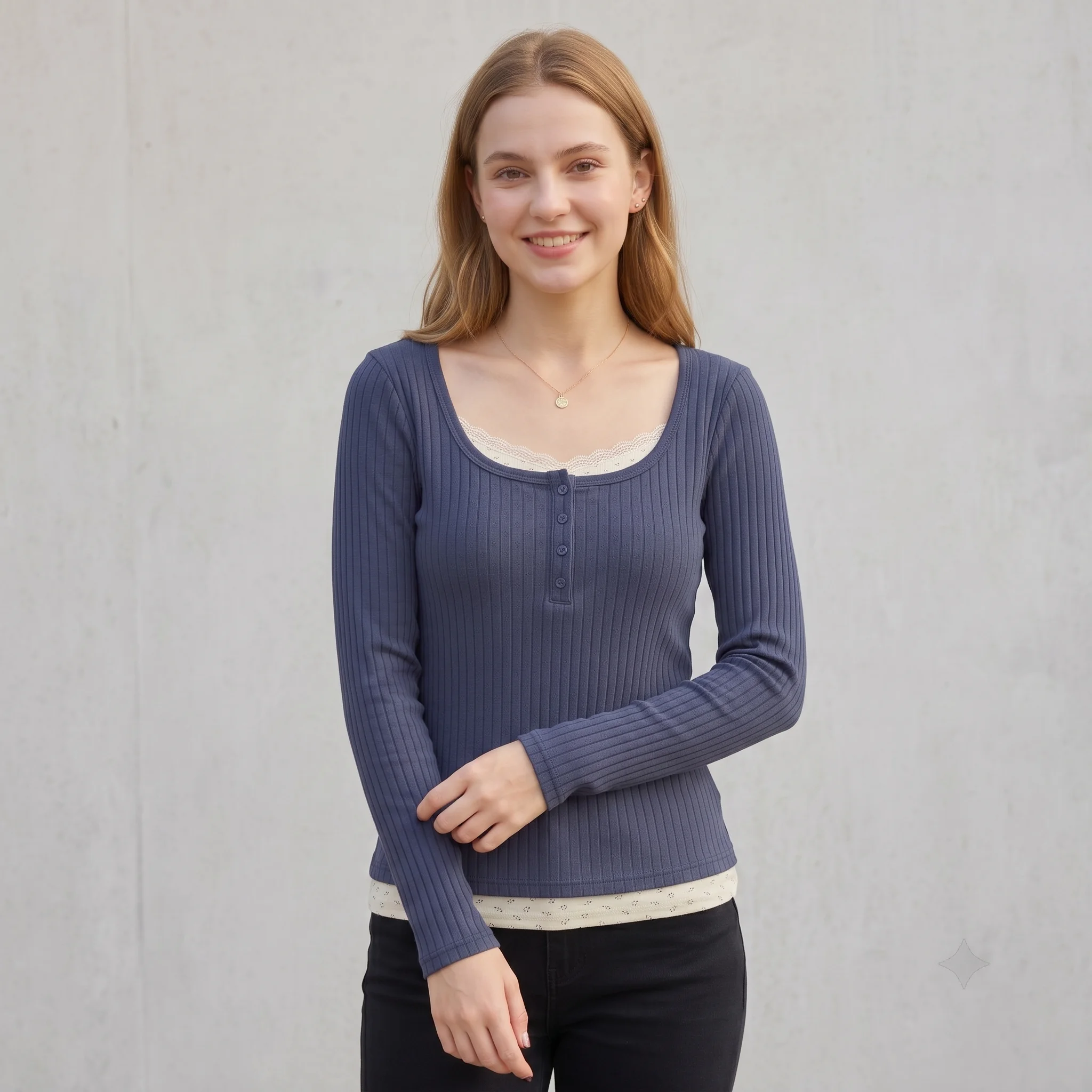 Women Vintage Faux Two-Piece Lace Patchwork T-Shirt Ribbed Knit Long Sleeve Top Square Neck Button Slim Y2K Casual Fall Tee