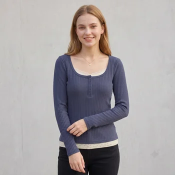 Women Vintage Faux Two-Piece Lace Patchwork T-Shirt Ribbed Knit Long Sleeve Top Square…